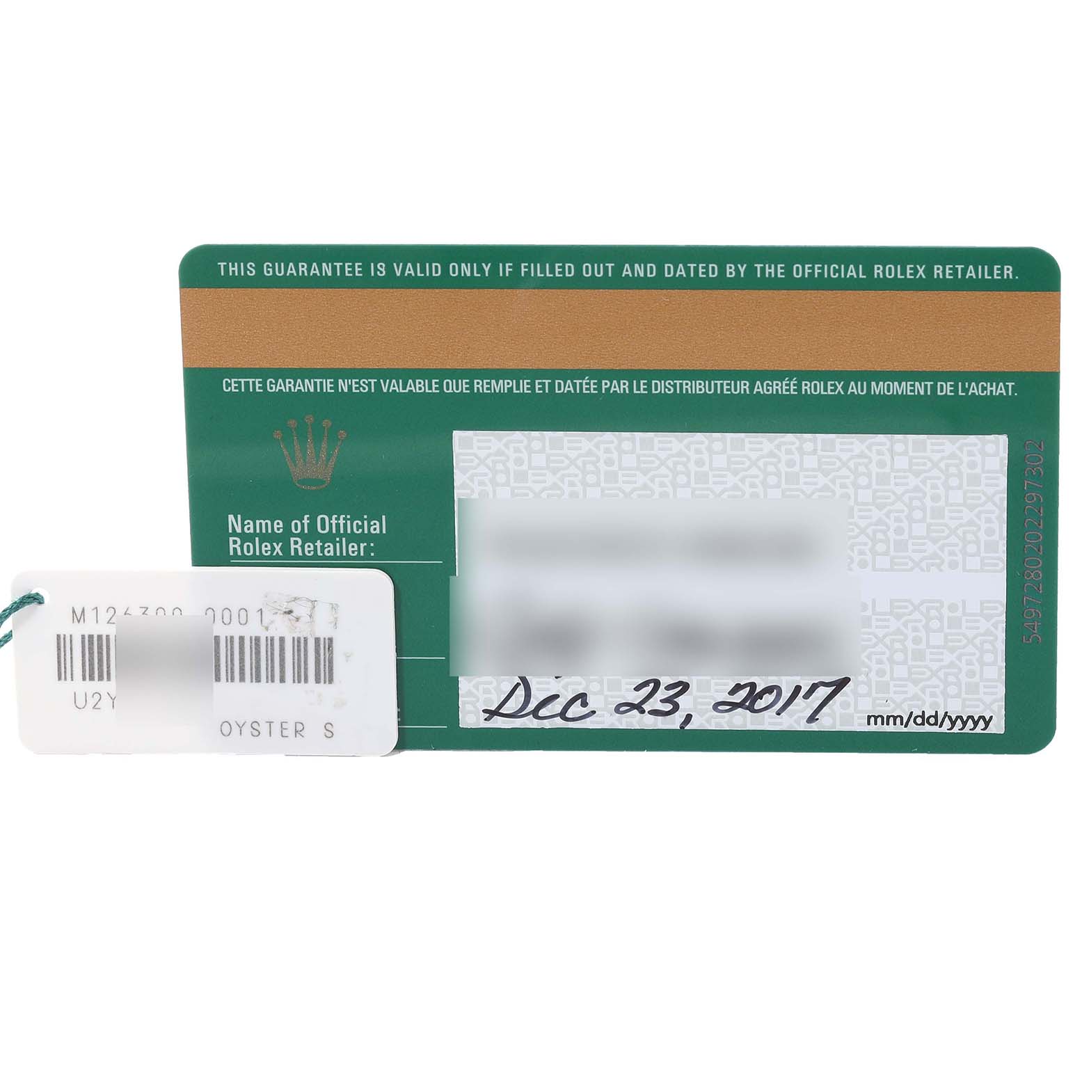 The image shows the official warranty card and tag for the Rolex Datejust 41 126300 Men
s Stainless Steel Blue Dial 126300 Men
s Stainless Steel Blue Dial model.