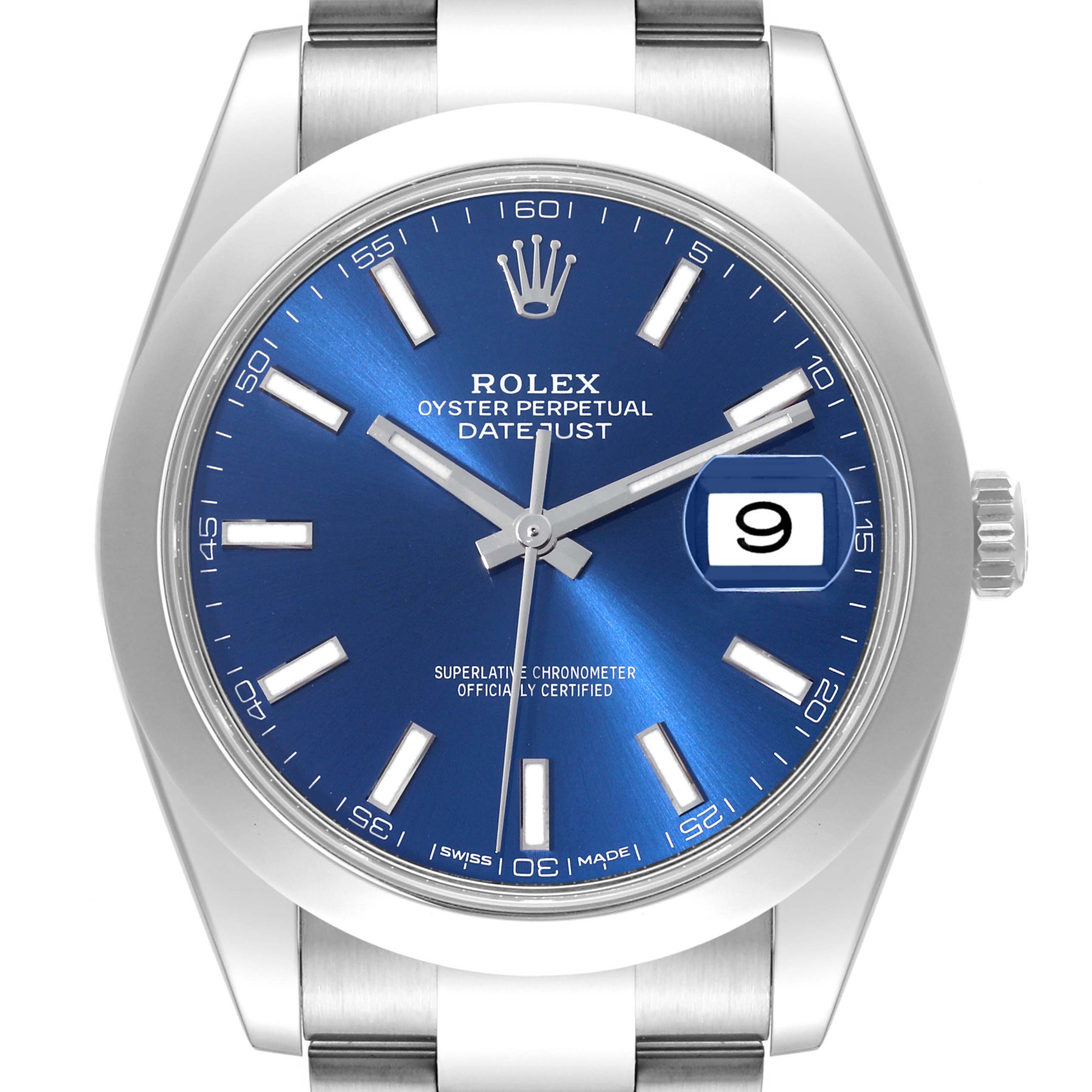 The image shows a frontal view of the Rolex Datejust 41 126300 Men
s Stainless Steel Blue Dial 126300 Men
s Stainless Steel Blue Dial watch, highlighting its blue dial, hour markers, date window, and crown.