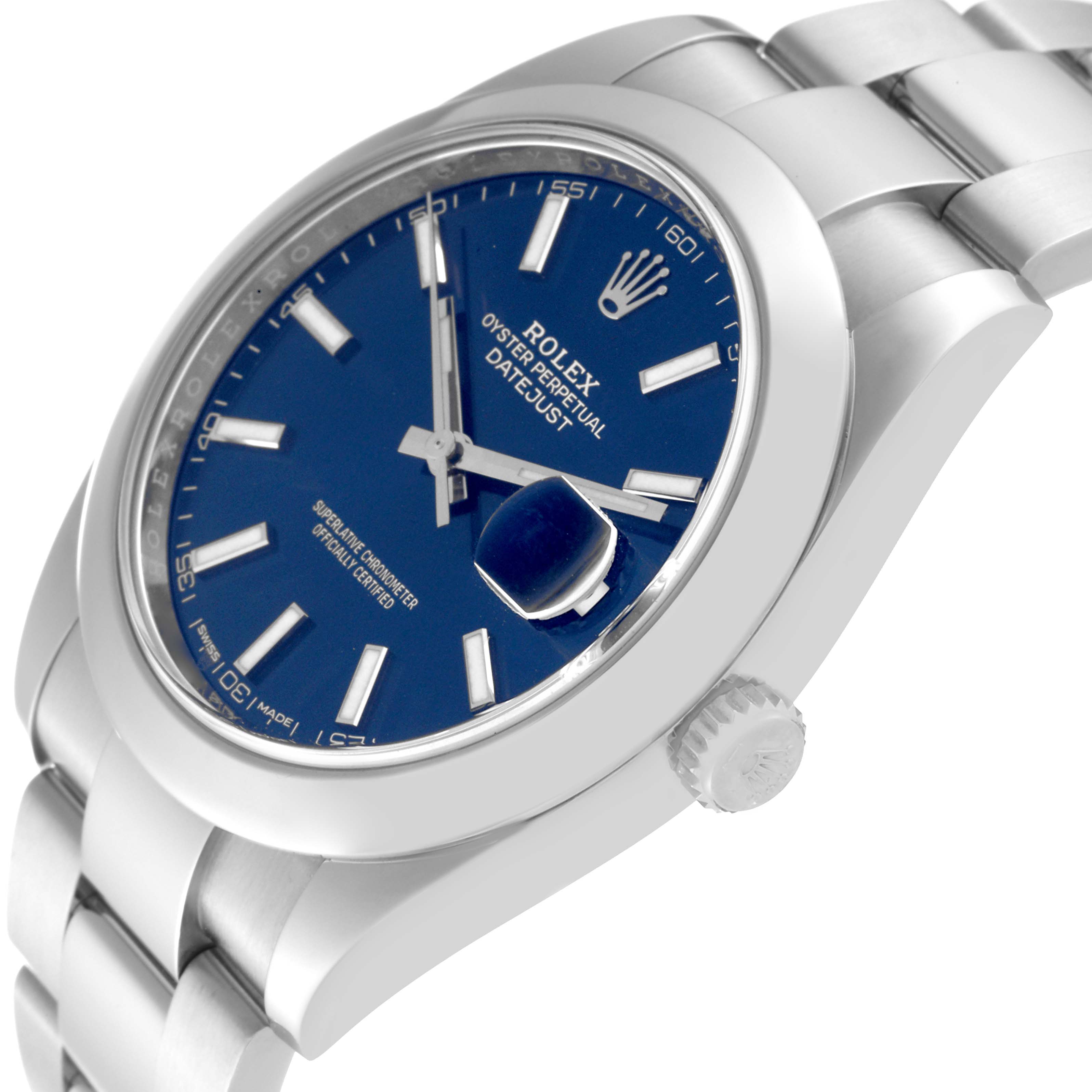 The Rolex Datejust 41 126300 Men
s Stainless Steel Blue Dial 126300 Men
s Stainless Steel Blue Dial watch is shown at an angled view, displaying the blue dial, crown, and part of the bracelet.