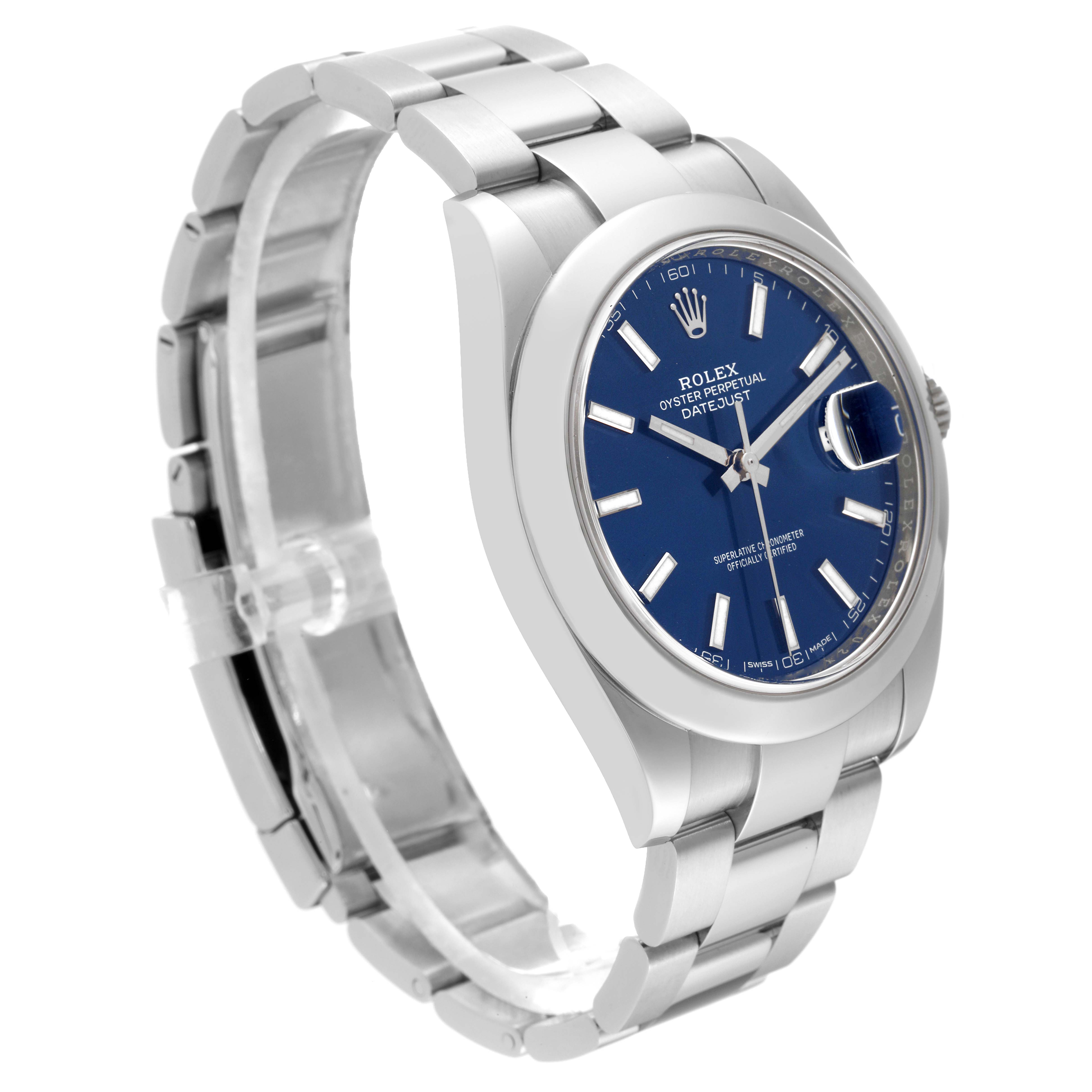 The Rolex Datejust 41 126300 Men
s Stainless Steel Blue Dial 126300 Men
s Stainless Steel Blue Dial model watch is shown at a slight angle, showcasing its face, bezel, case, and bracelet.