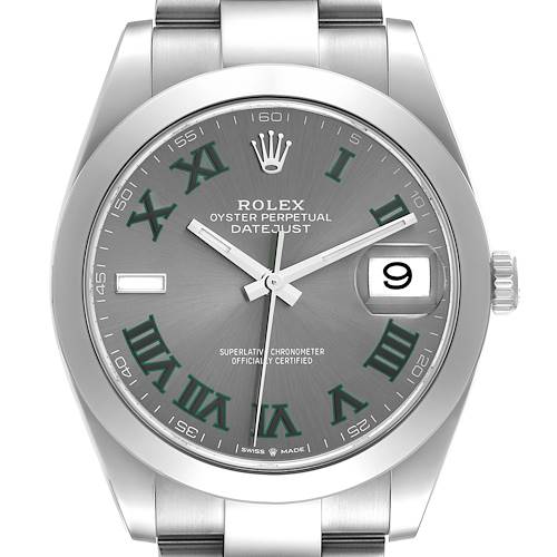 The image shows a front view of the Rolex Datejust 41 watch, highlighting the dial, hands, bezel, and bracelet.