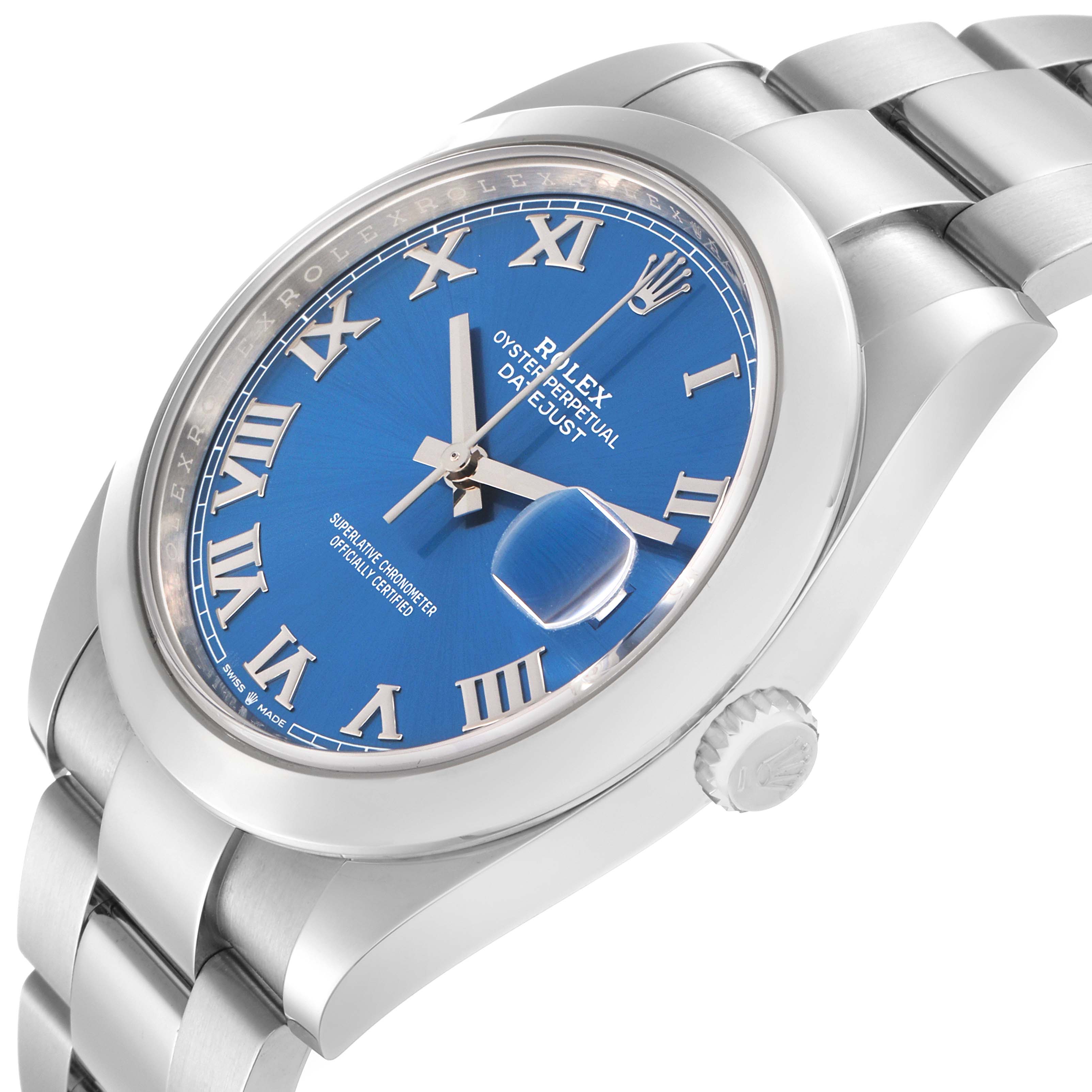 The Rolex Datejust 126300 Men
s Stainless Steel Blue Dial watch is shown from a side angle, highlighting the blue dial, crown, and part of the bracelet.