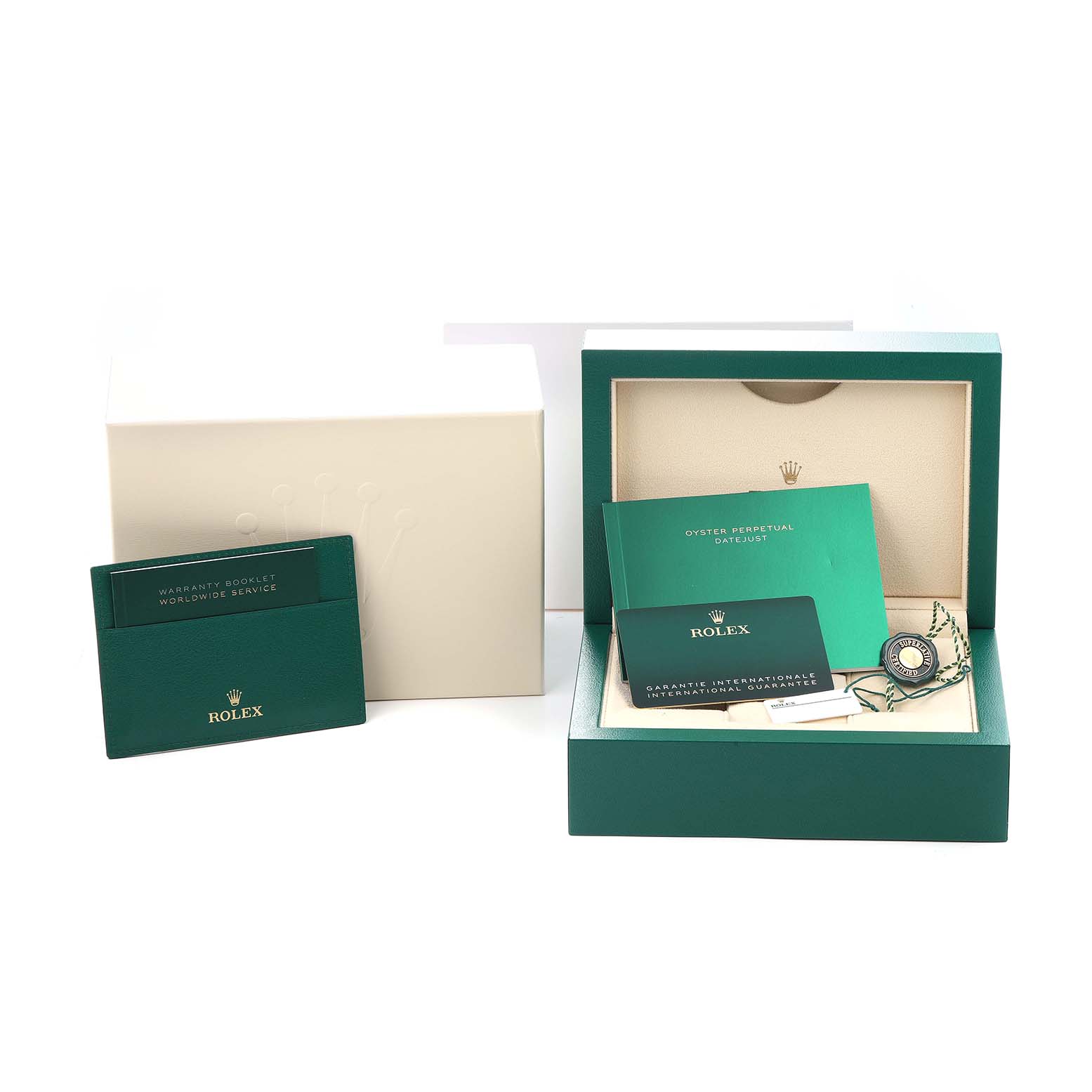 The image shows an open Rolex Datejust 126300 Men
s Stainless Steel Blue Dial watch box with documents and a tag, plus an external box.