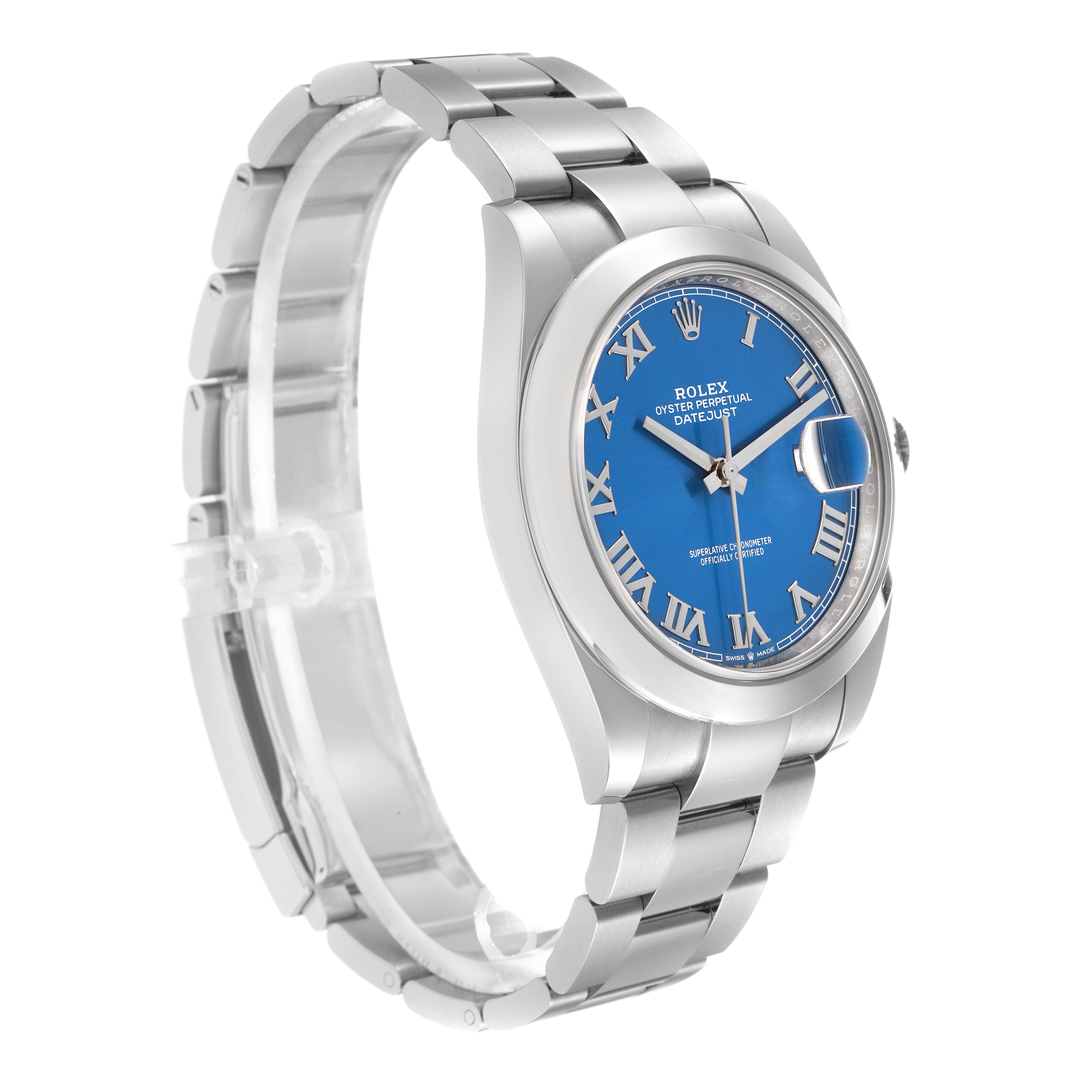 The Rolex Datejust 126300 Men
s Stainless Steel Blue Dial watch is shown at a slight angle highlighting the blue dial, bezel, and part of the bracelet.