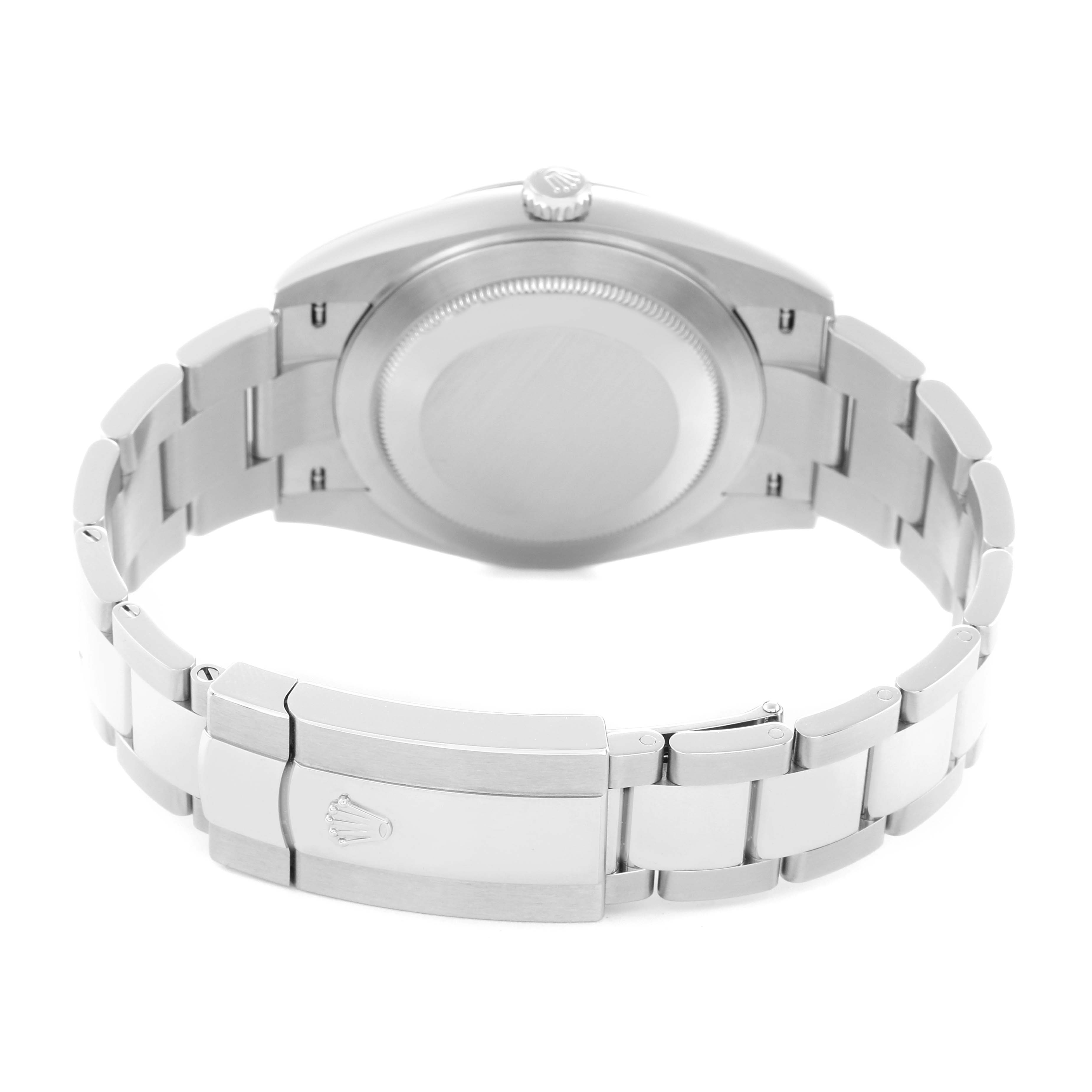 The image shows the back and clasp of a Rolex Datejust 126300 Men
s Stainless Steel Blue Dial watch, displaying its bracelet and case back.