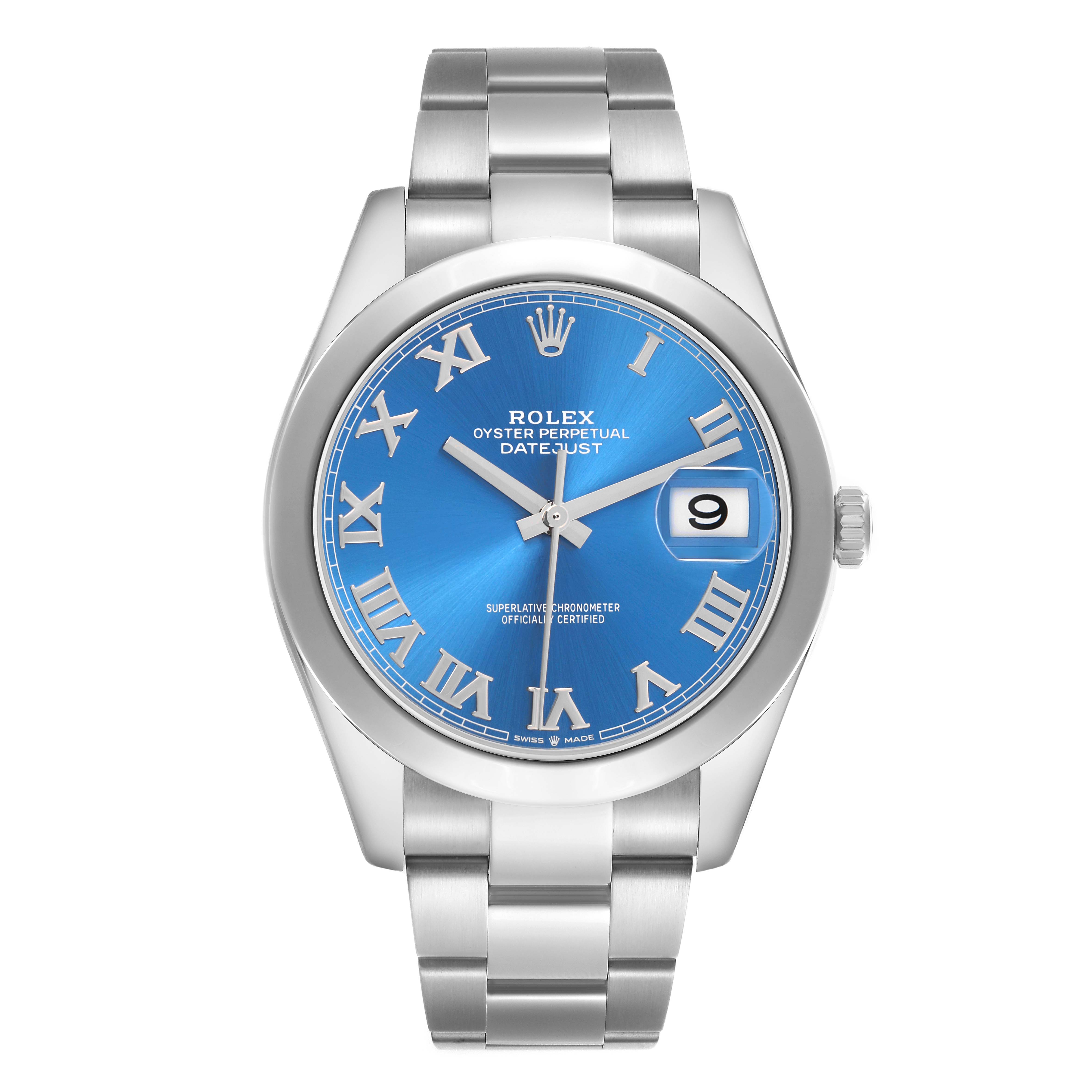 The Rolex Datejust 126300 Men
s Stainless Steel Blue Dial watch is shown from the front, highlighting the blue dial, Roman numerals, date window, and bracelet.