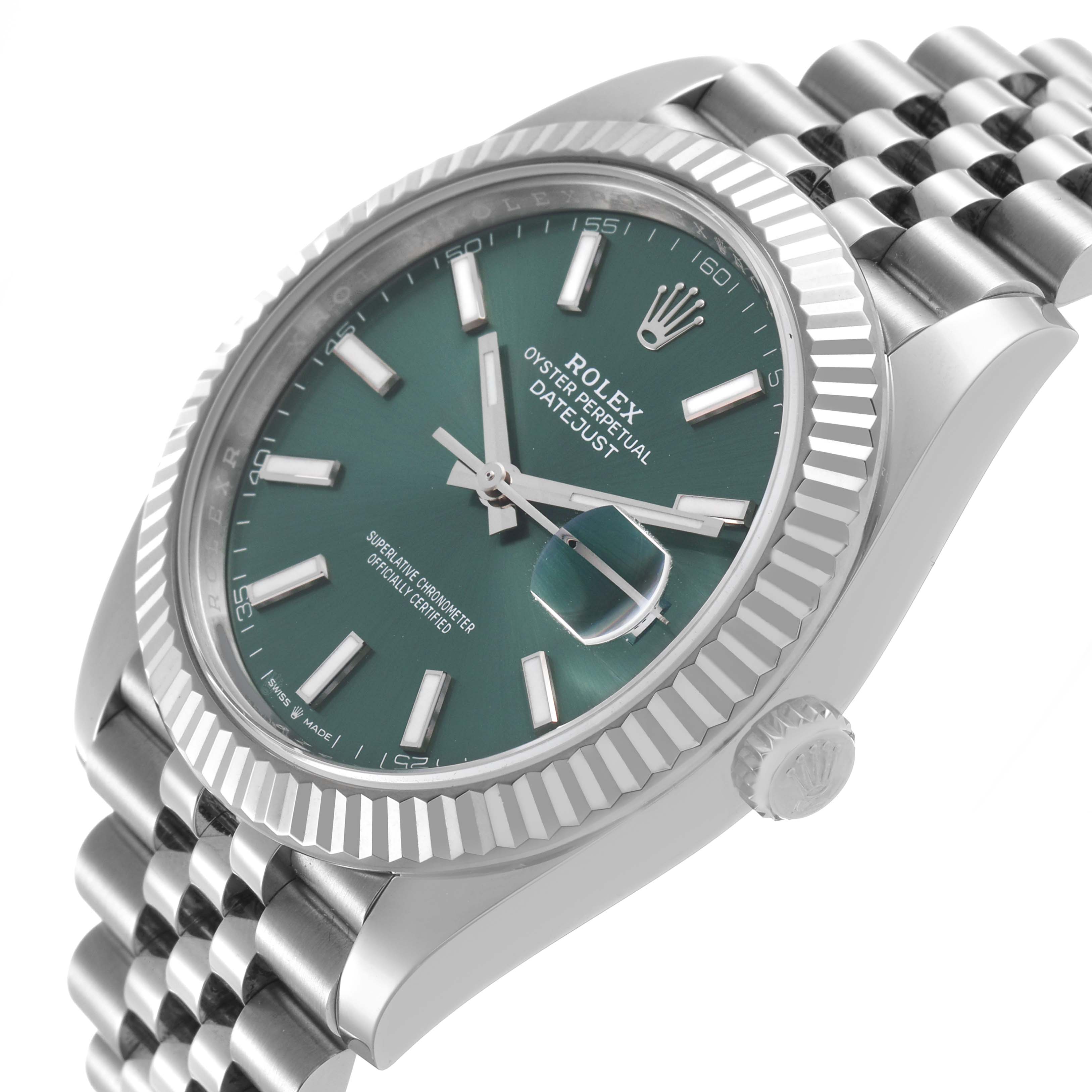 The Rolex Datejust 41 126334 Men's Stainless Steel Green Dial is shown at an angled side view, highlighting the bezel, dial, crown, and part of the bracelet.