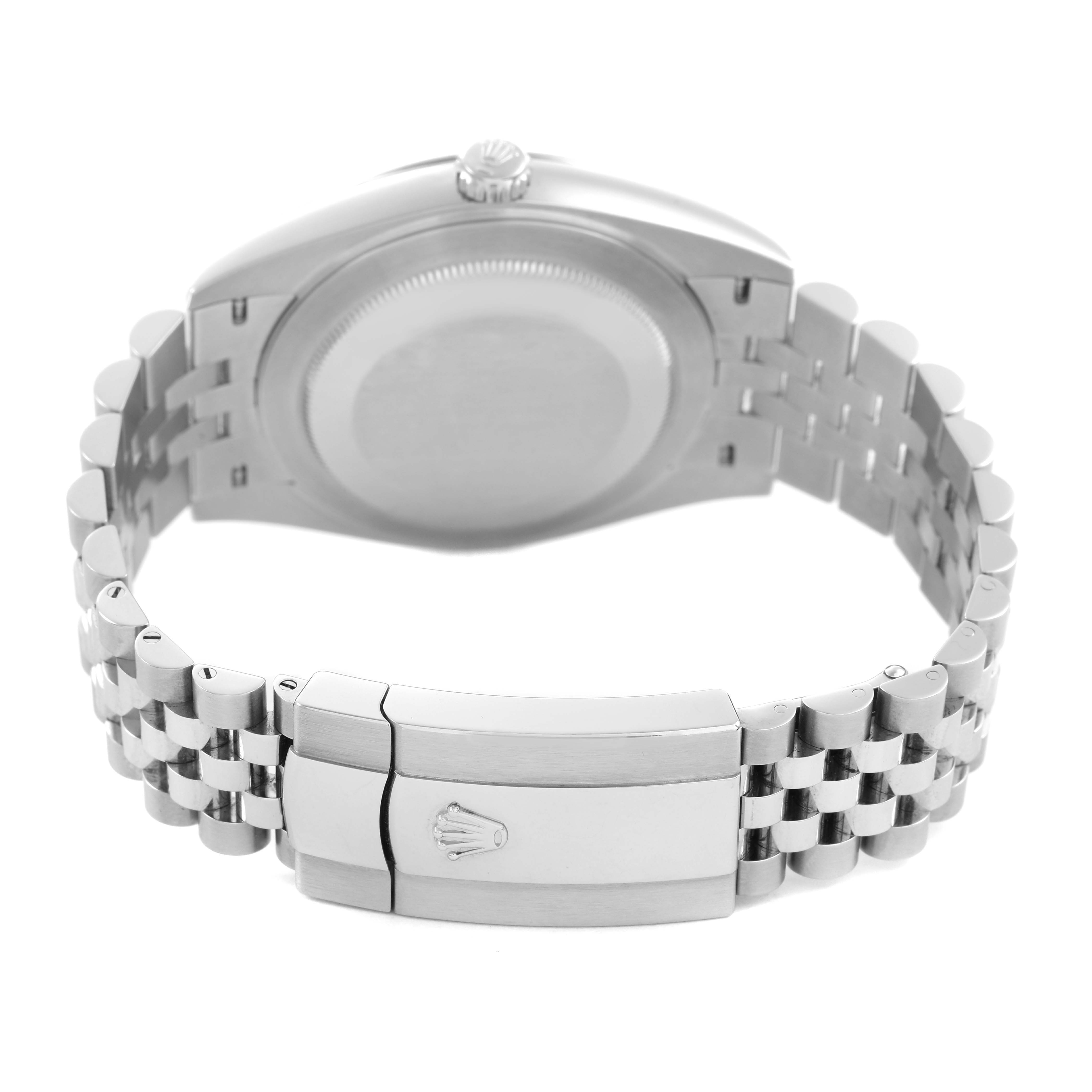 The image shows the Rolex Datejust 41 126334 Men's Stainless Steel Green Dial from the back, highlighting the case back and clasp of the bracelet.