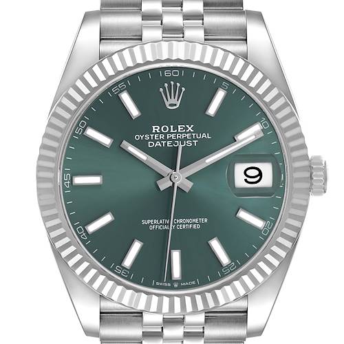 The Rolex Datejust 41 126334 Men's Stainless Steel Green Dial is shown from a frontal angle, displaying the dial, bezel, and bracelet.