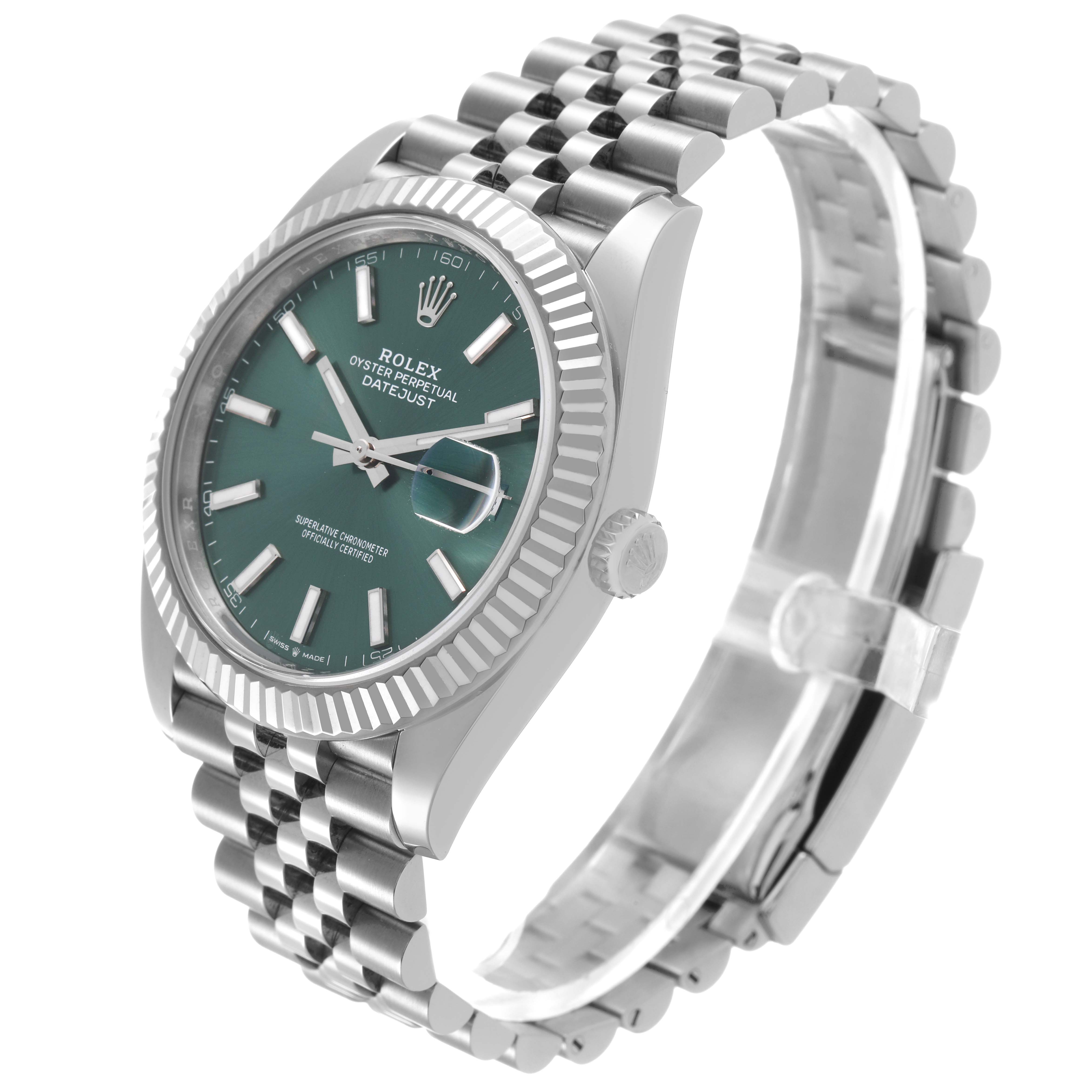 The Rolex Datejust 41 126334 Men's Stainless Steel Green Dial is shown from a tilted side angle, highlighting the face, bezel, and Jubilee bracelet.