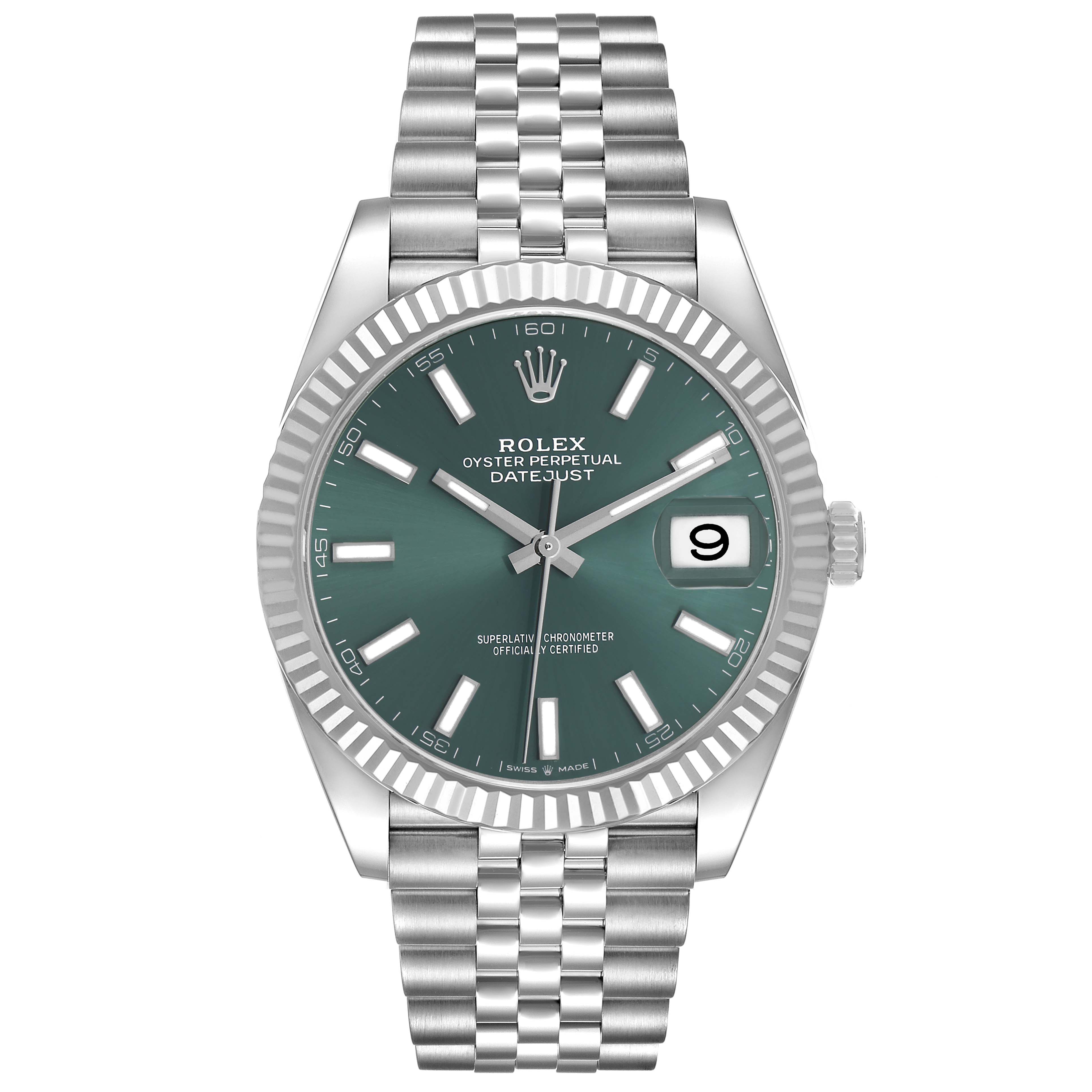 The Rolex Datejust 41 126334 Men's Stainless Steel Green Dial watch is shown from the front, displaying the dial, bezel, crown, and bracelet.