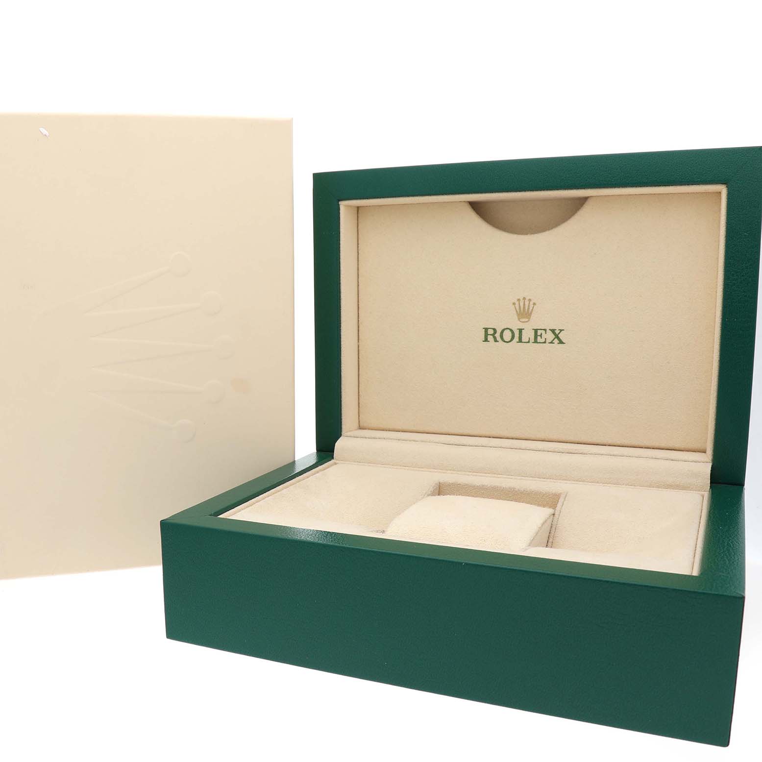 The image shows a green Rolex box for a Datejust 41 model, open to reveal the interior with compartments.