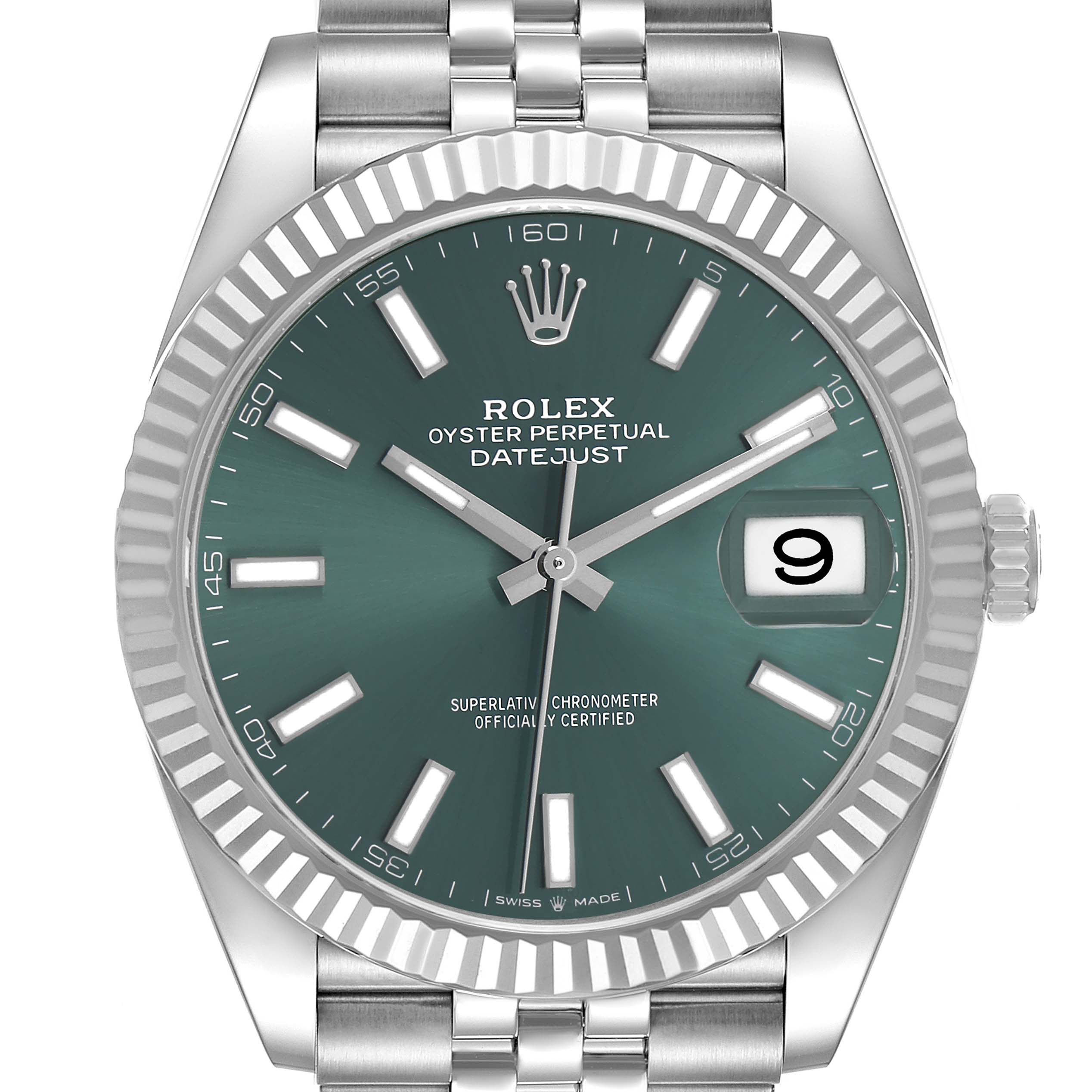The Rolex Datejust 41 126334 Men's Stainless Steel Green Dial watch is shown from the front, displaying the dial, hands, date window, bezel, and bracelet.