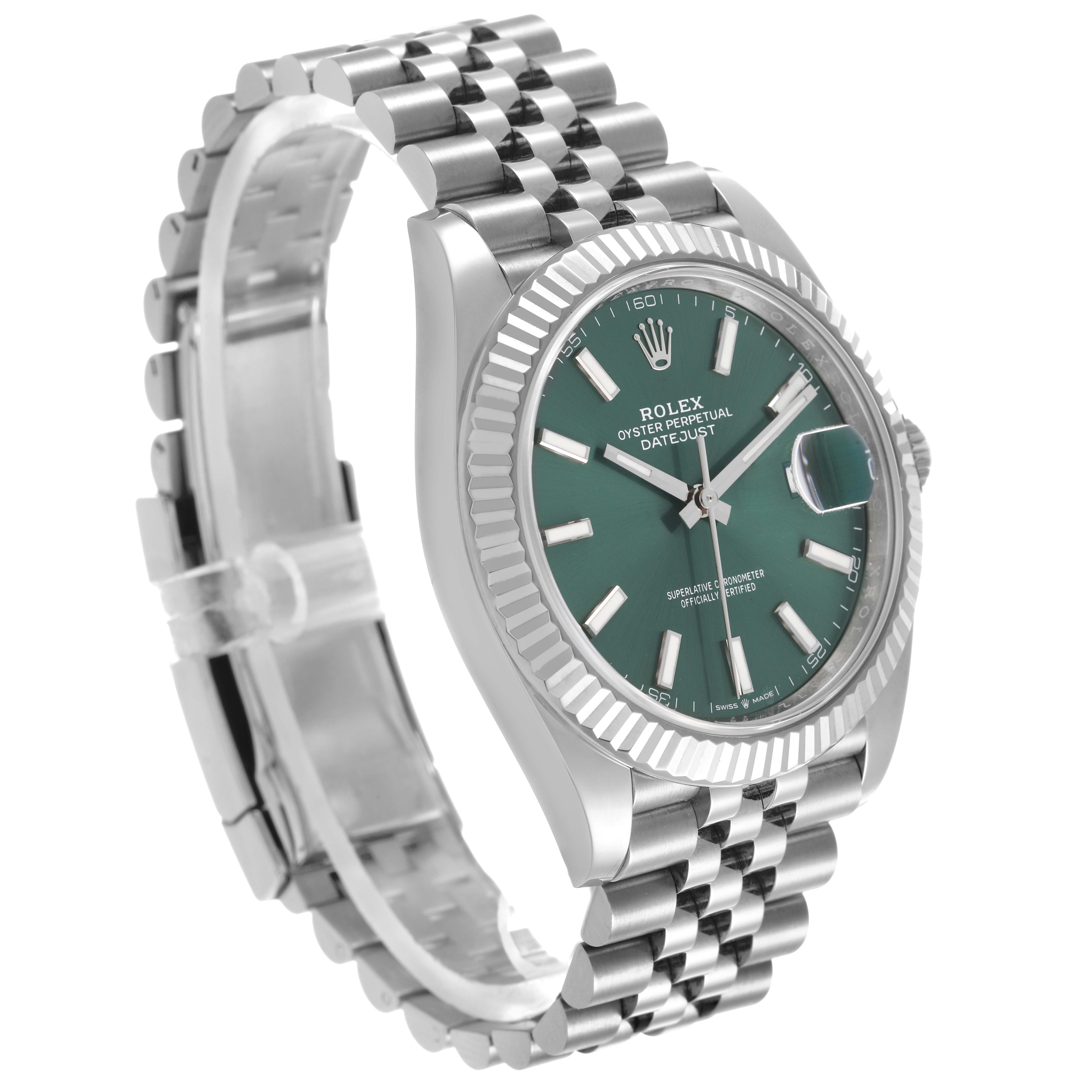 The Rolex Datejust 41 126334 Men's Stainless Steel Green Dial watch is shown at a three-quarter angle, highlighting its face, fluted bezel, and Jubilee bracelet.