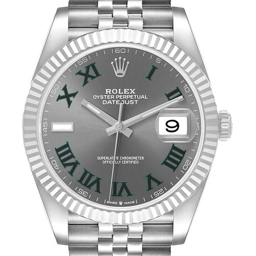 The Rolex Datejust 41 126334 Men's Stainless Steel Grey Dial watch is shown from the front, displaying its dial, bezel, bracelet, and cyclops lens over the date.