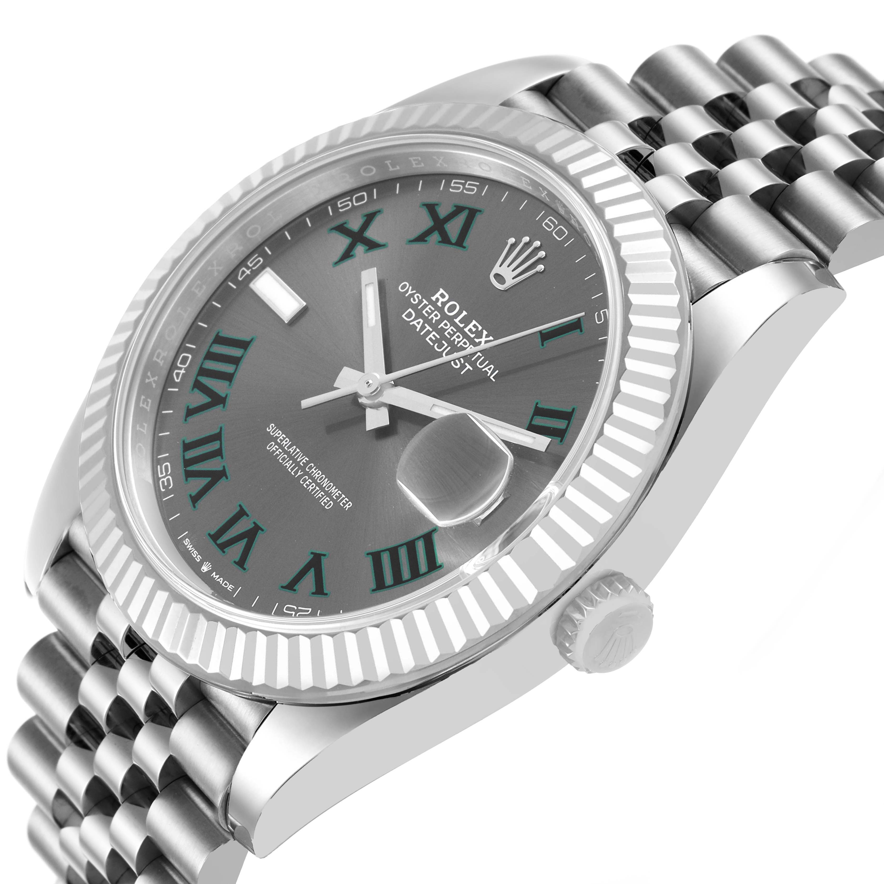 The Rolex Datejust 41 126334 Men's Stainless Steel Grey Dial is angled to show the face, bezel, crown, and partial bracelet.