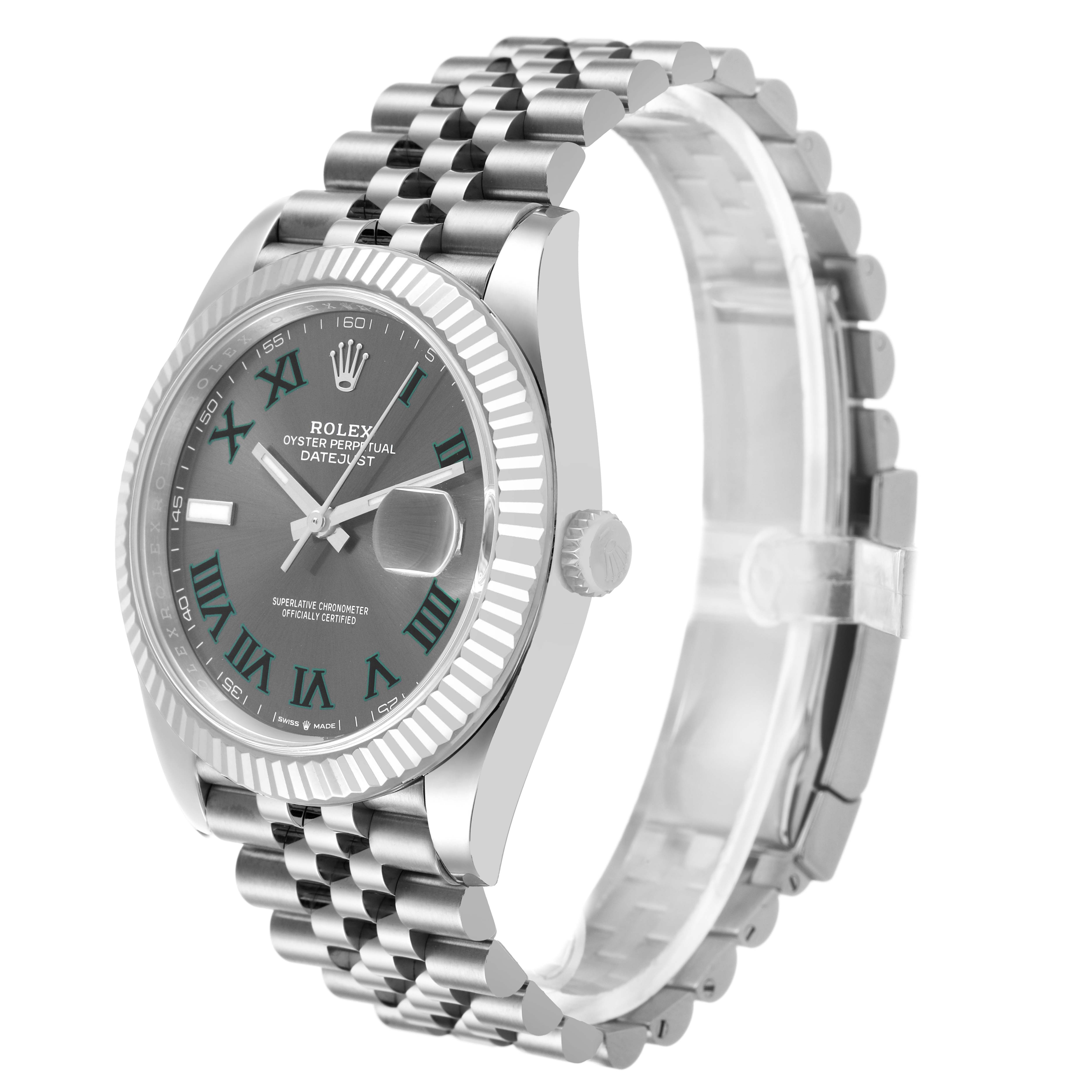 The Rolex Datejust 41 126334 Men's Stainless Steel Grey Dial is shown at a slight angle, showcasing the face, bezel, crown, and bracelet.