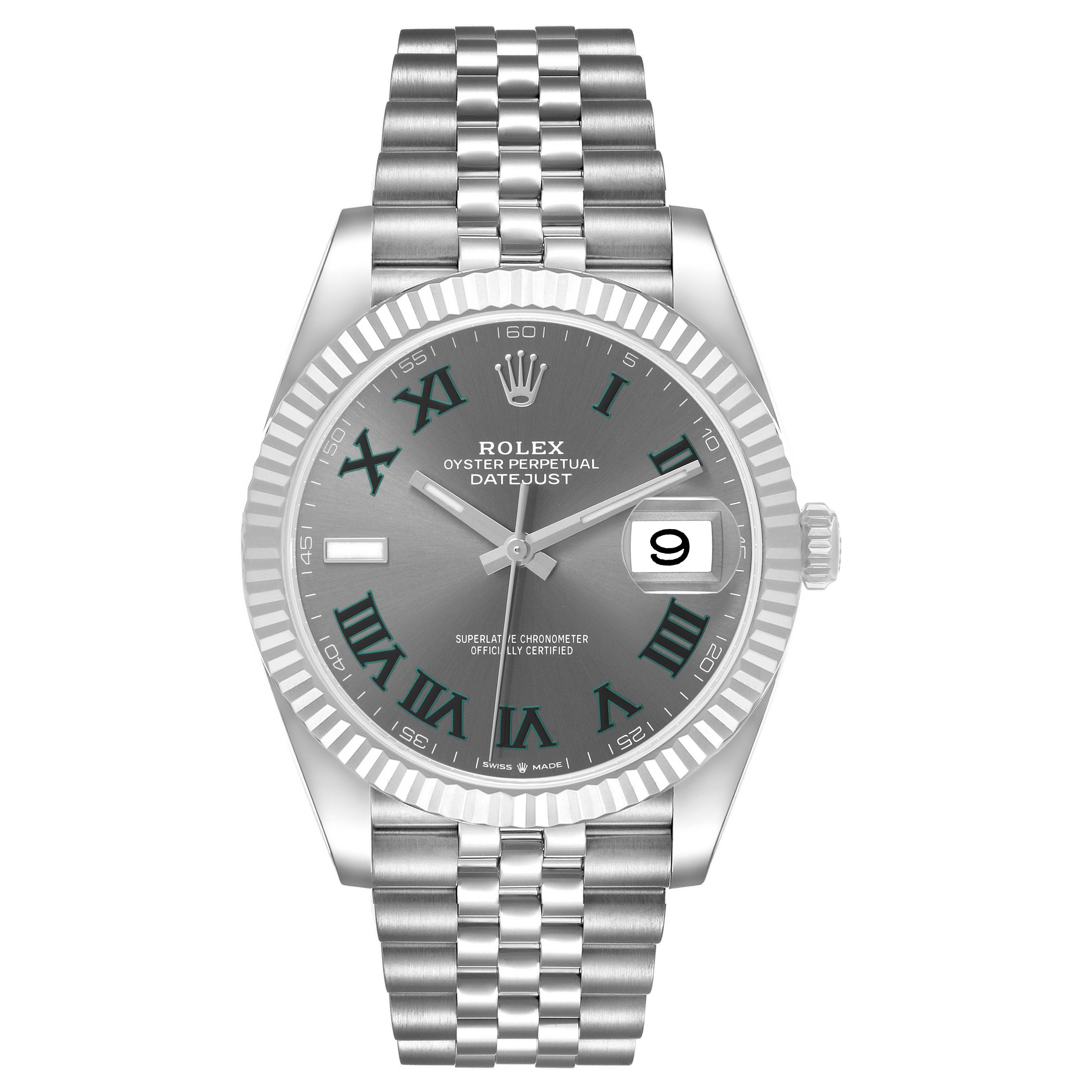 The Rolex Datejust 41 126334 Men's Stainless Steel Grey Dial watch is shown from a top-down angle, displaying its face, bezel, and bracelet.