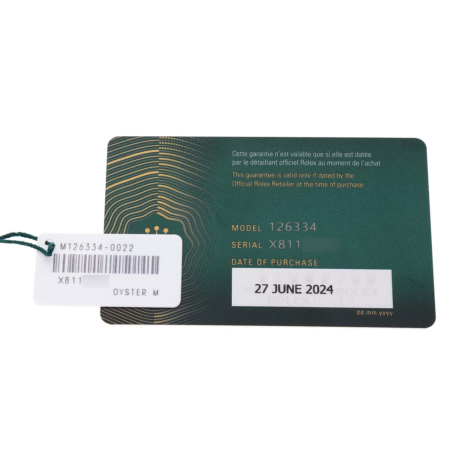 The image shows a warranty card and tag for the Rolex Datejust 41 126334 Men's Stainless Steel Grey Dial model, displaying model and serial numbers.