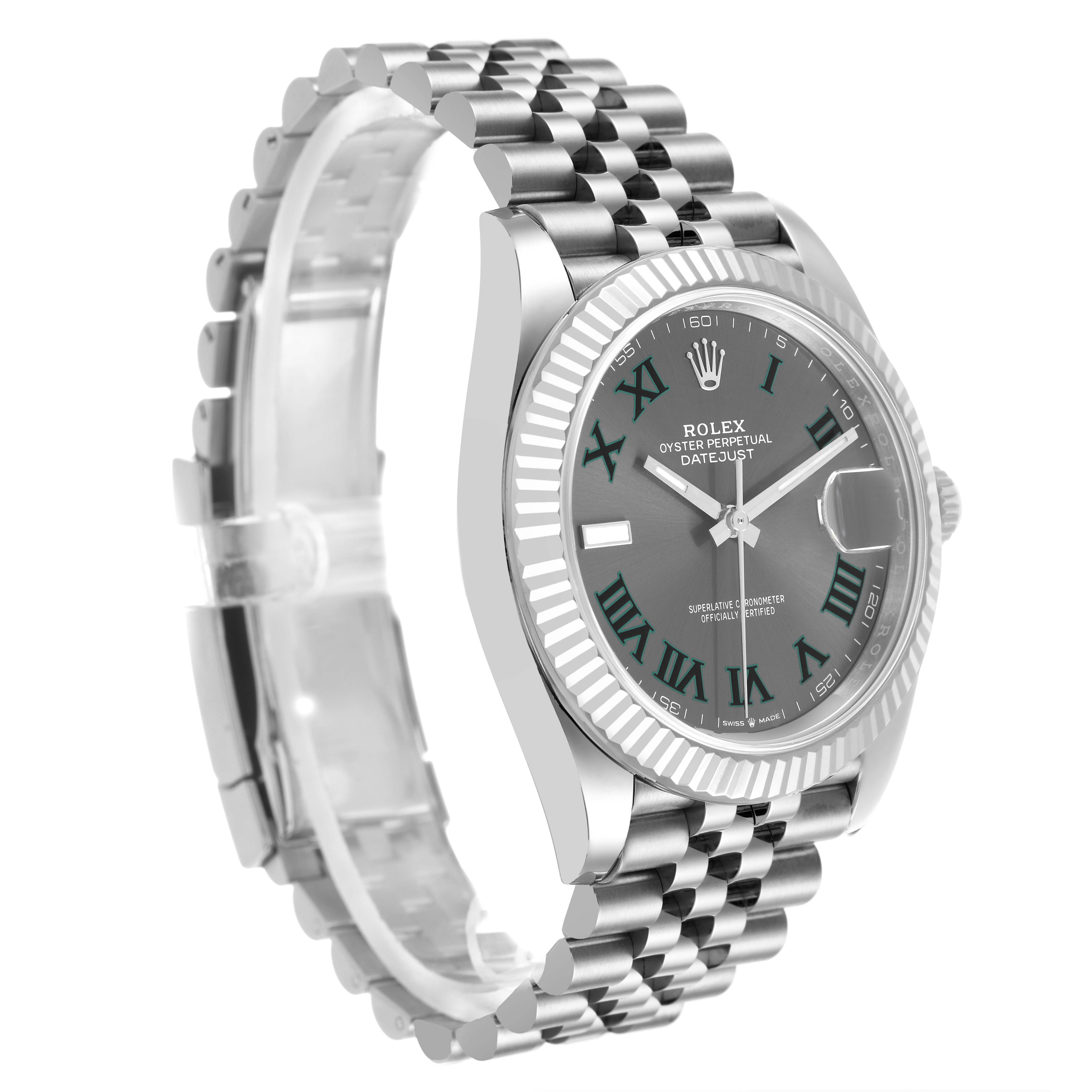 The Rolex Datejust 41 126334 Men's Stainless Steel Grey Dial is shown at a three-quarter angle, highlighting the face, bezel, and Jubilee bracelet.
