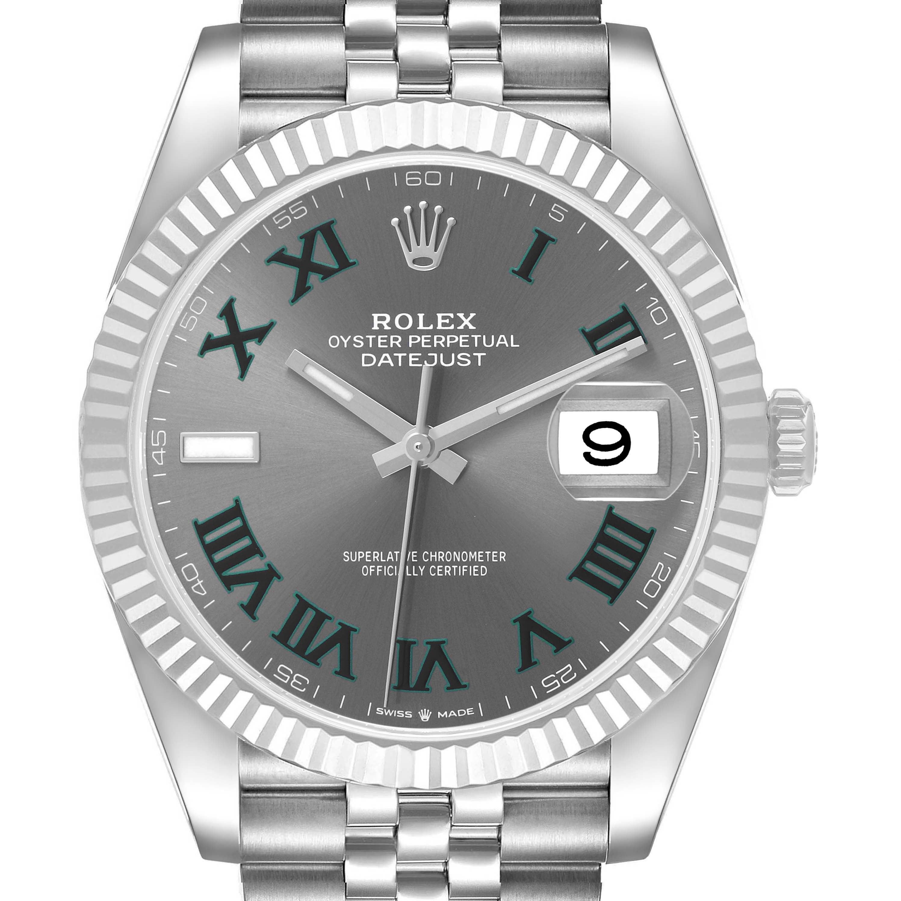 The Rolex Datejust 41 126334 Men's Stainless Steel Grey Dial is shown from the front, highlighting the dial, bezel, bracelet, and crown.