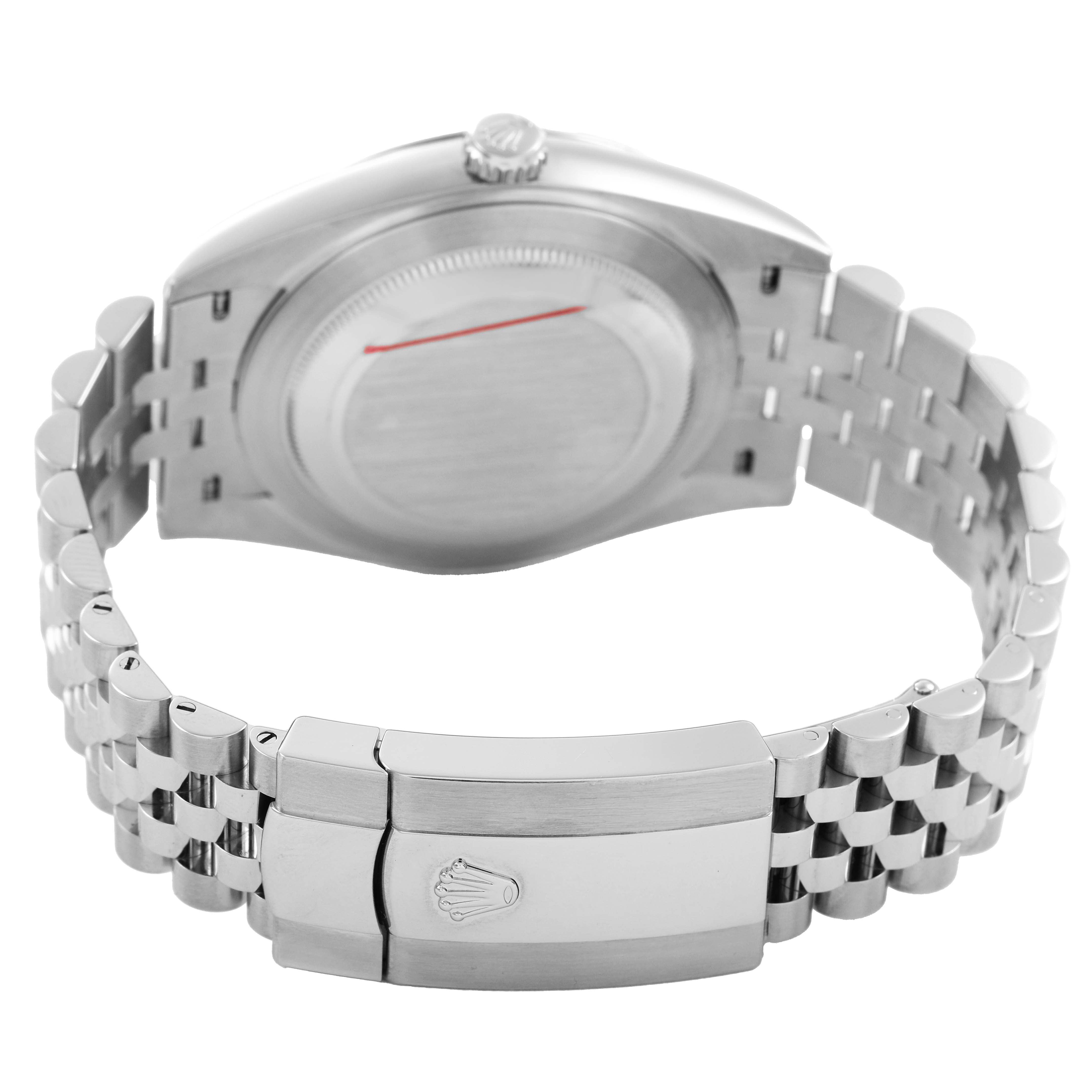 The image shows the back of a Rolex Datejust 41 126334 Men's Stainless Steel Grey Dial watch, highlighting the clasp and band.