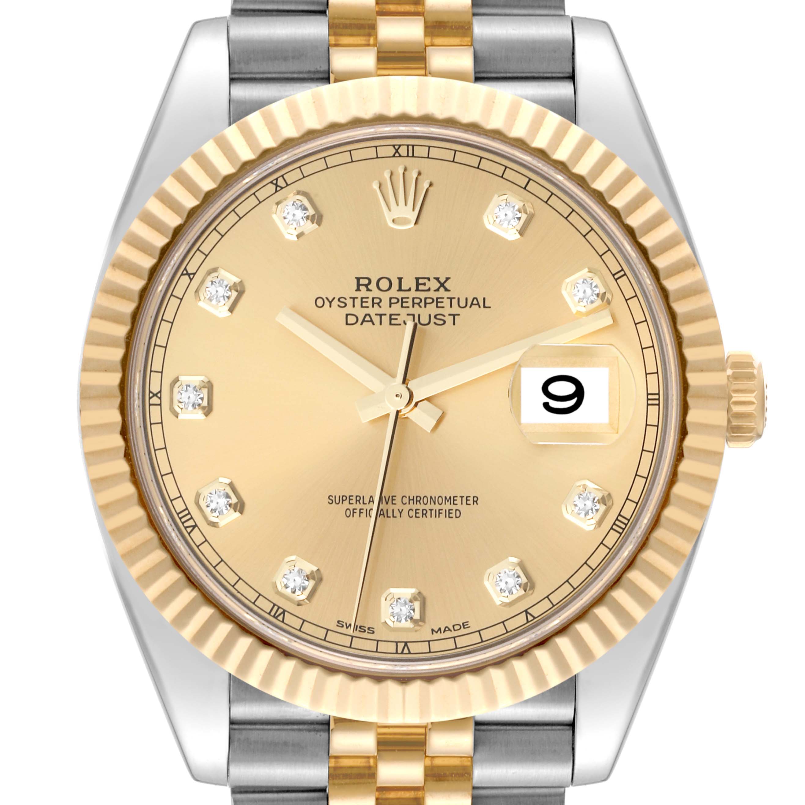 The image shows a front view of a Rolex Datejust 41 126333 Men's Steel and Gold (two tone) Champagne Dial 126333 Men's Steel and Gold (two tone) Champagne Dial watch, highlighting its gold dial, diamond markers, fluted bezel, and jubilee bracelet.