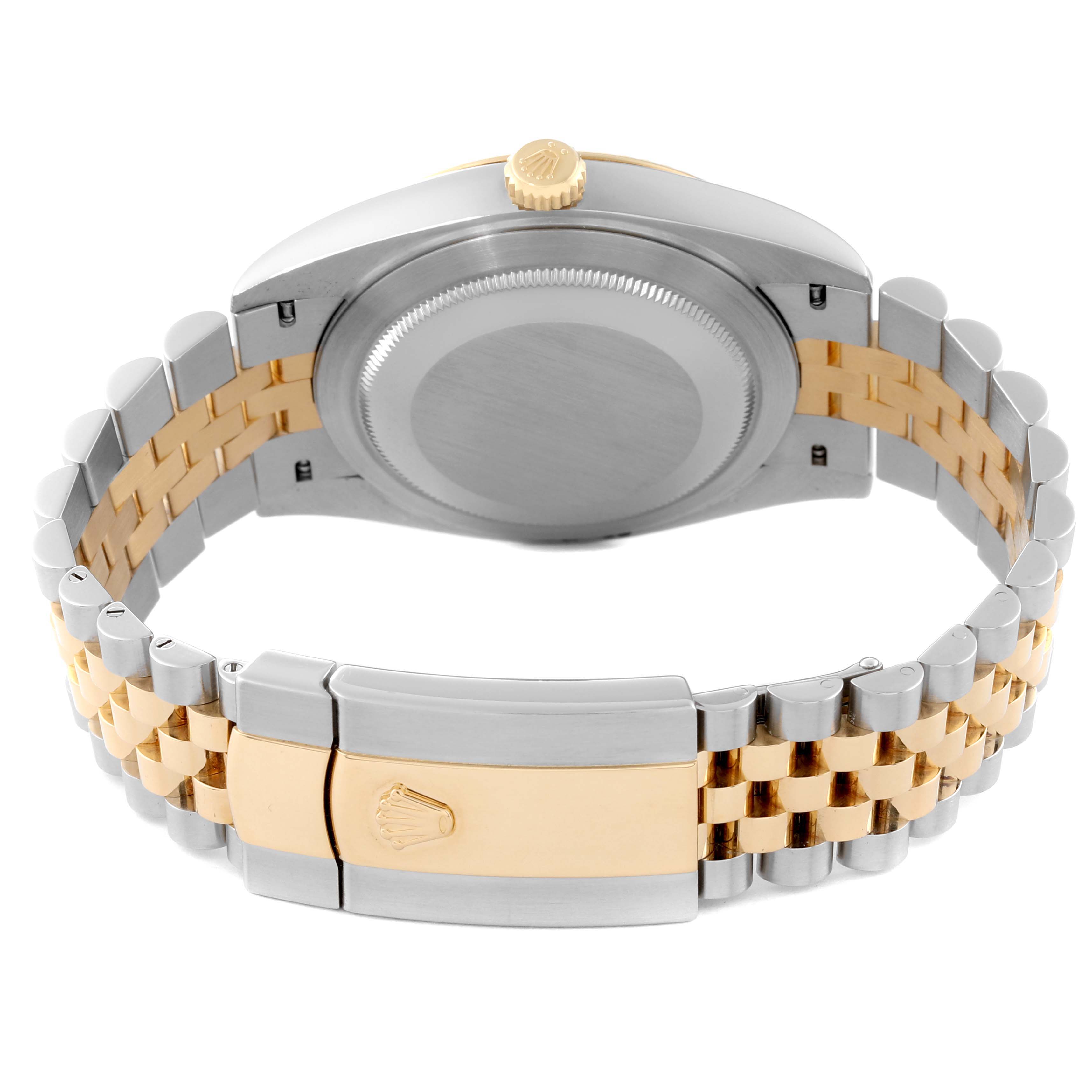 The image shows the back view of the Rolex Datejust 41 126333 Men's Steel and Gold (two tone) Champagne Dial 126333 Men's Steel and Gold (two tone) Champagne Dial model, highlighting its case back and Jubilee bracelet.
