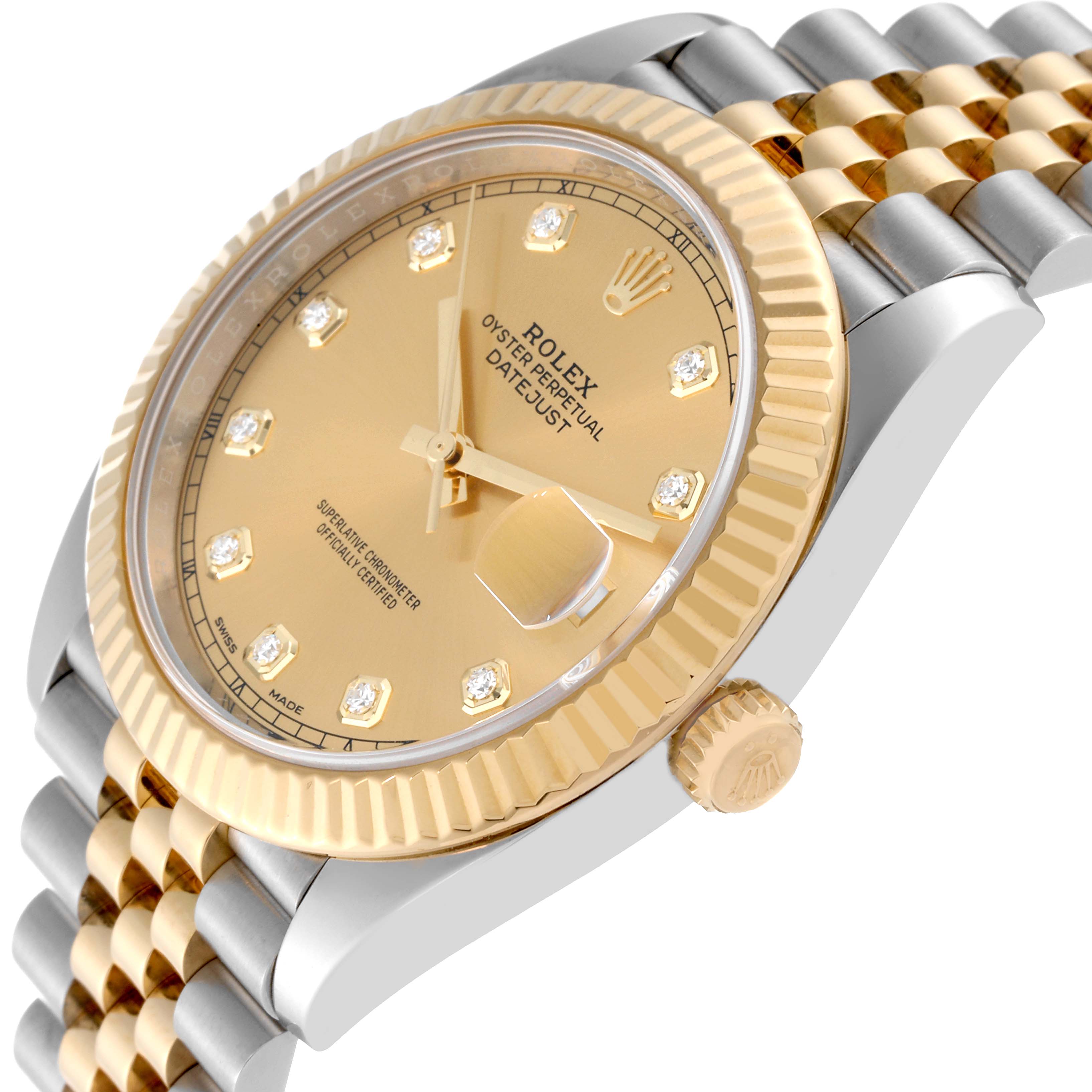 This image shows a close-up angle of a Rolex Datejust 41 126333 Men's Steel and Gold (two tone) Champagne Dial 126333 Men's Steel and Gold (two tone) Champagne Dial watch, highlighting its dial, fluted bezel, and two-tone Jubilee bracelet.