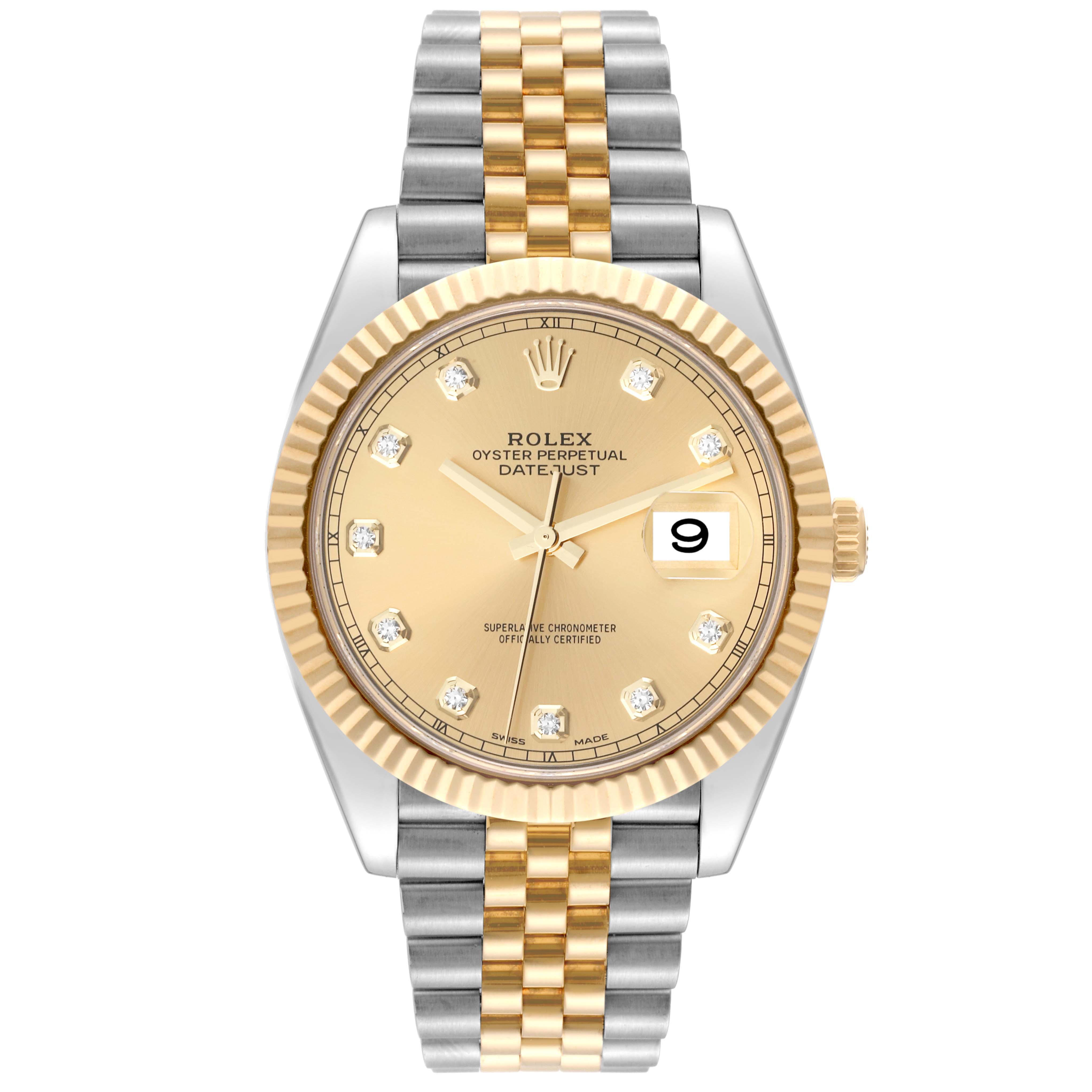 The image shows a front view of a Rolex Datejust 41 126333 Men's Steel and Gold (two tone) Champagne Dial 126333 Men's Steel and Gold (two tone) Champagne Dial watch with a gold dial, diamond hour markers, and a two-tone gold and silver bracelet.