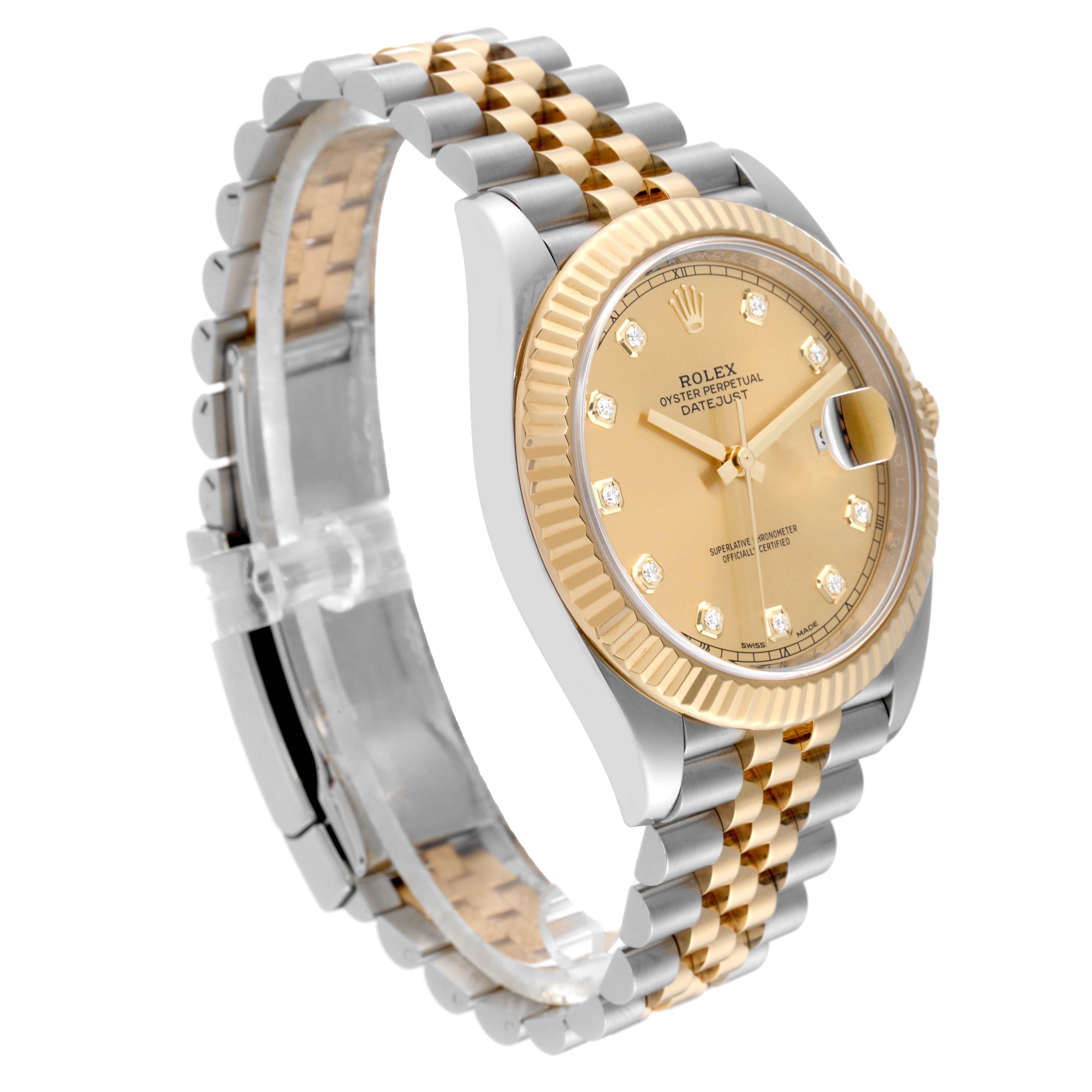 The Rolex Datejust 41 126333 Men's Steel and Gold (two tone) Champagne Dial 126333 Men's Steel and Gold (two tone) Champagne Dial watch is shown at an angled view highlighting its gold and silver bracelet, bezel, and champagne dial.