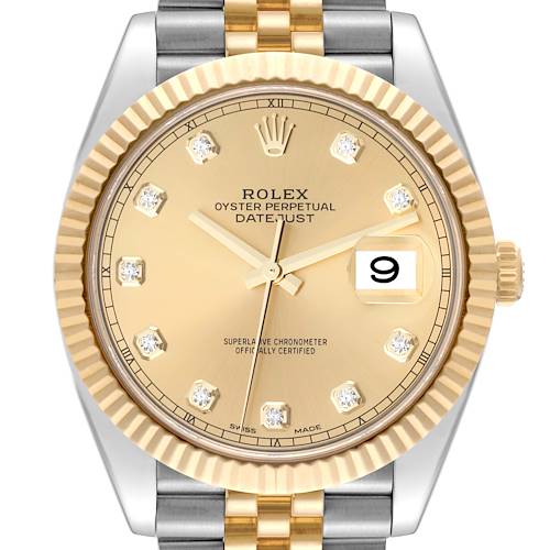 This image shows a Rolex Datejust 41 watch from a frontal angle highlighting the dial, markers, bezel, and part of the bracelet.