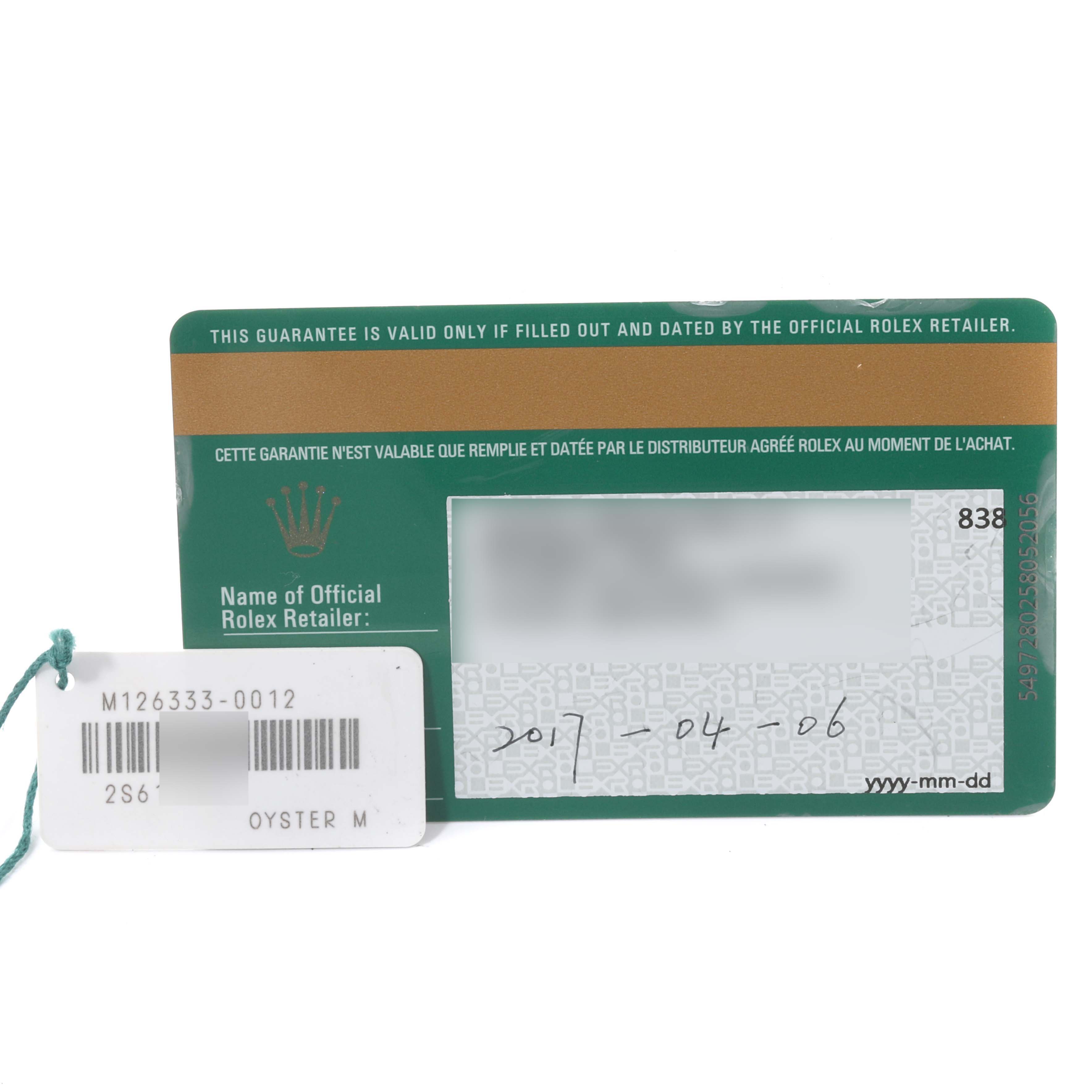 The image shows a warranty card and a tag with a barcode and model details for the Rolex Datejust 41 126333 Men's Steel and Gold (two tone) Champagne Dial 126333 Men's Steel and Gold (two tone) Champagne Dial.