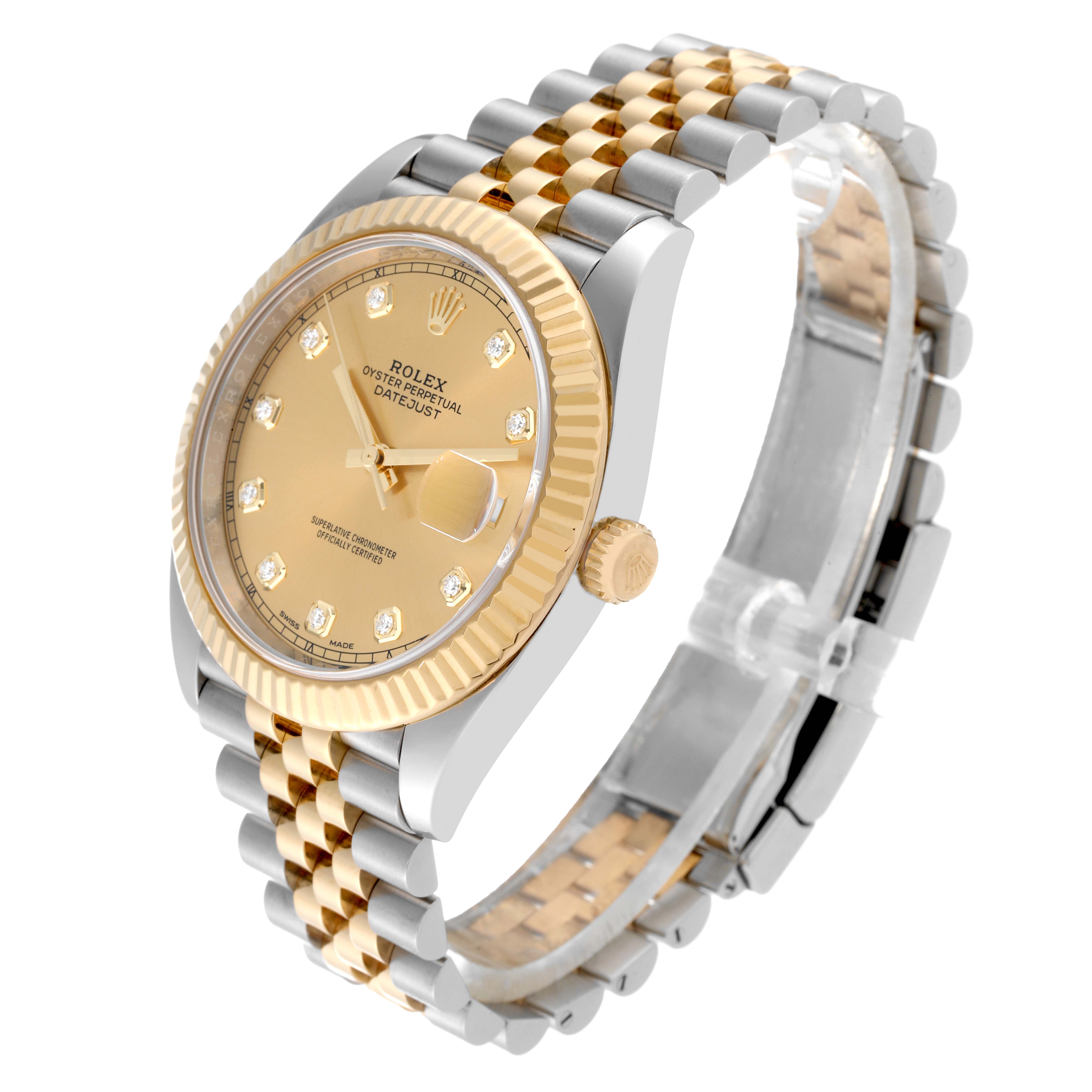 The image shows a Rolex Datejust 41 126333 Men's Steel and Gold (two tone) Champagne Dial 126333 Men's Steel and Gold (two tone) Champagne Dial watch with a side-angle view of the dial, bezel, crown, and jubilee bracelet.