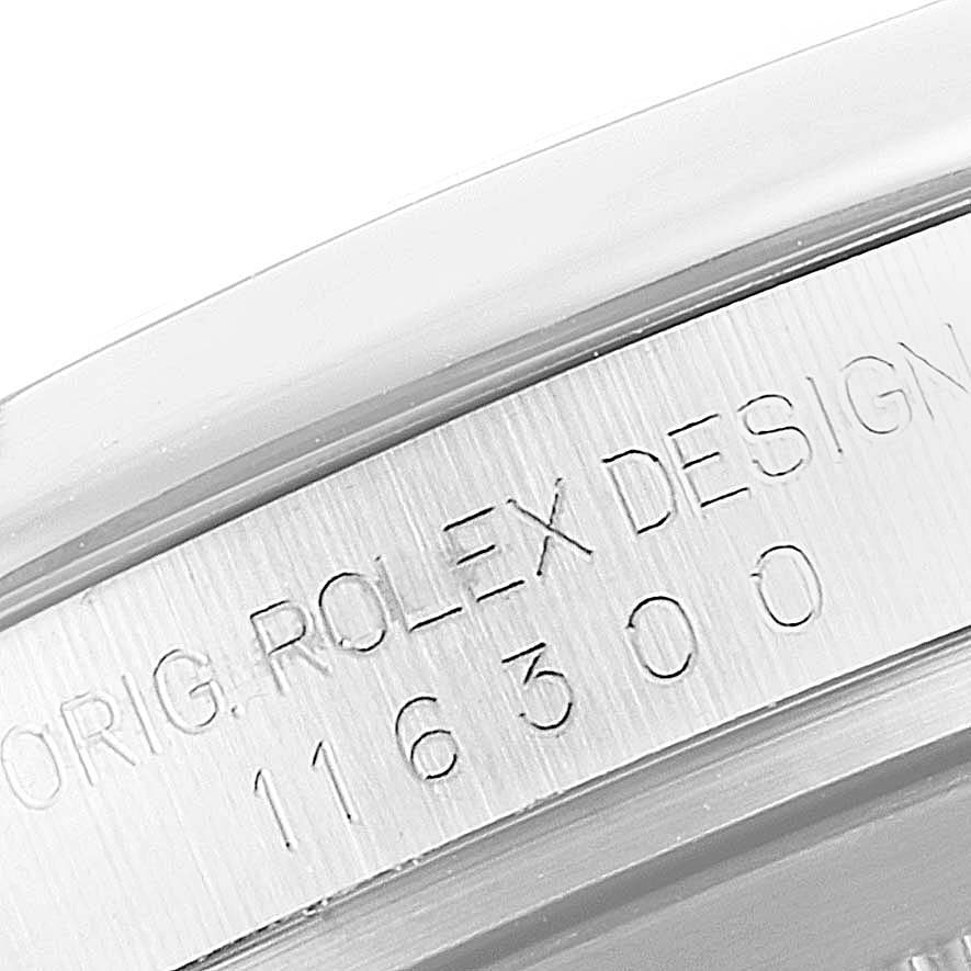 This image shows a close-up of the side of the Rolex Datejust 41 116300 Men
s Stainless Steel Blue Dial 116300 Men
s Stainless Steel Blue Dial, displaying the engraved model number.