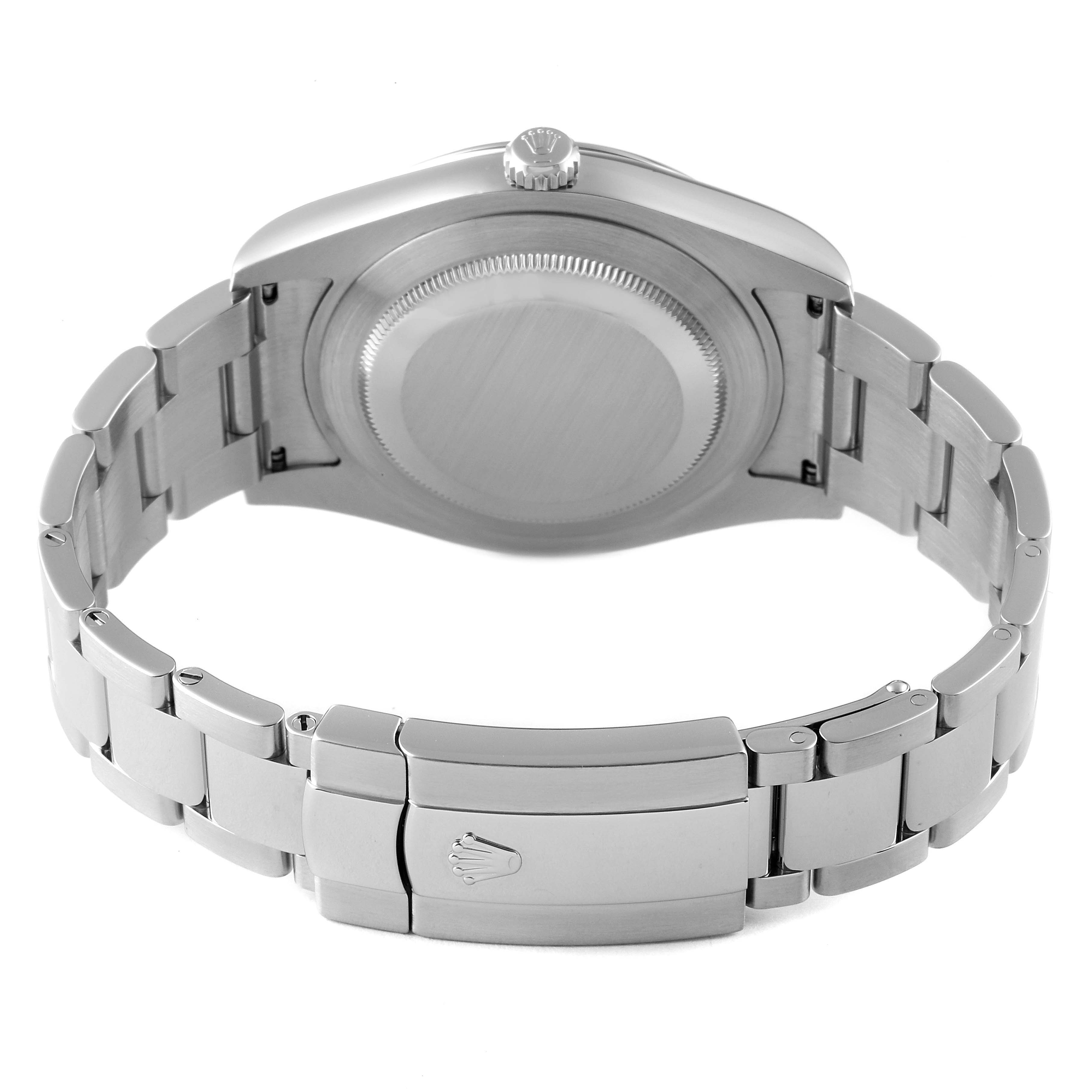 The image shows the back angle of a Rolex Datejust 41 116300 Men
s Stainless Steel Blue Dial 116300 Men
s Stainless Steel Blue Dial, featuring its case back and clasp with the Rolex logo.