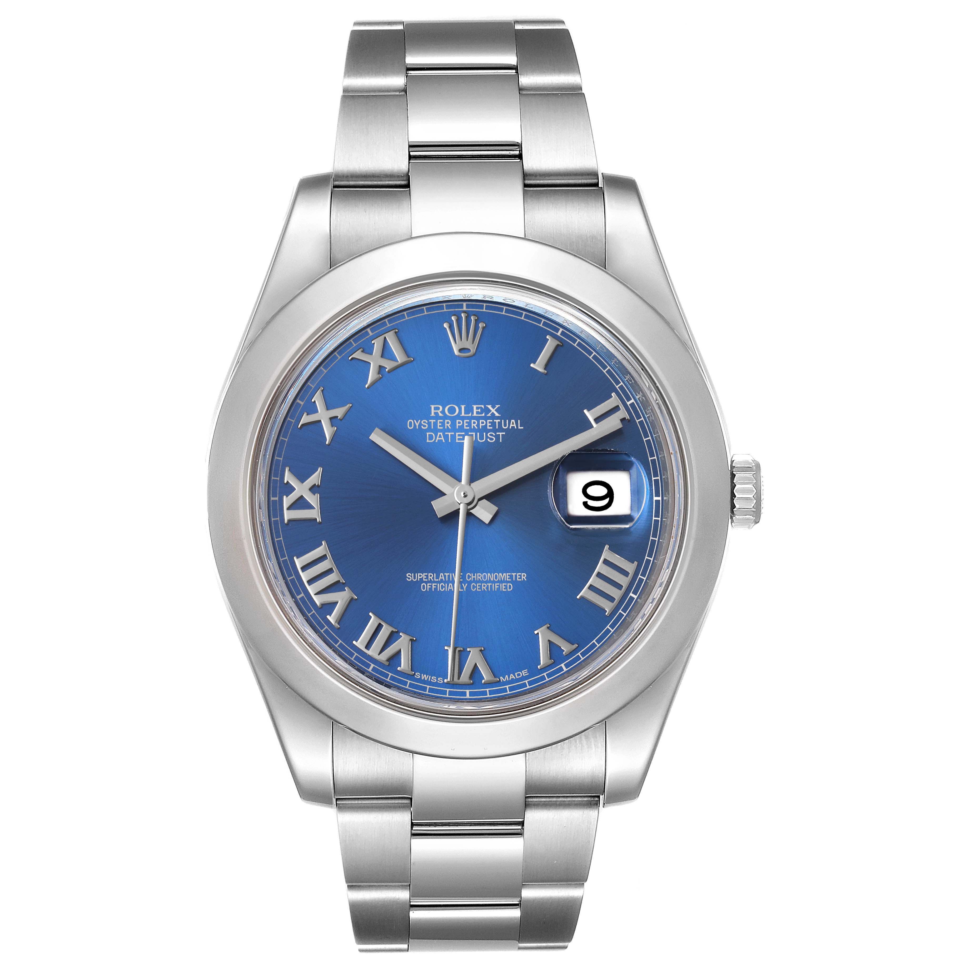 The image shows a frontal view of a Rolex Datejust 41 116300 Men
s Stainless Steel Blue Dial 116300 Men
s Stainless Steel Blue Dial watch featuring a blue dial and Roman numerals.