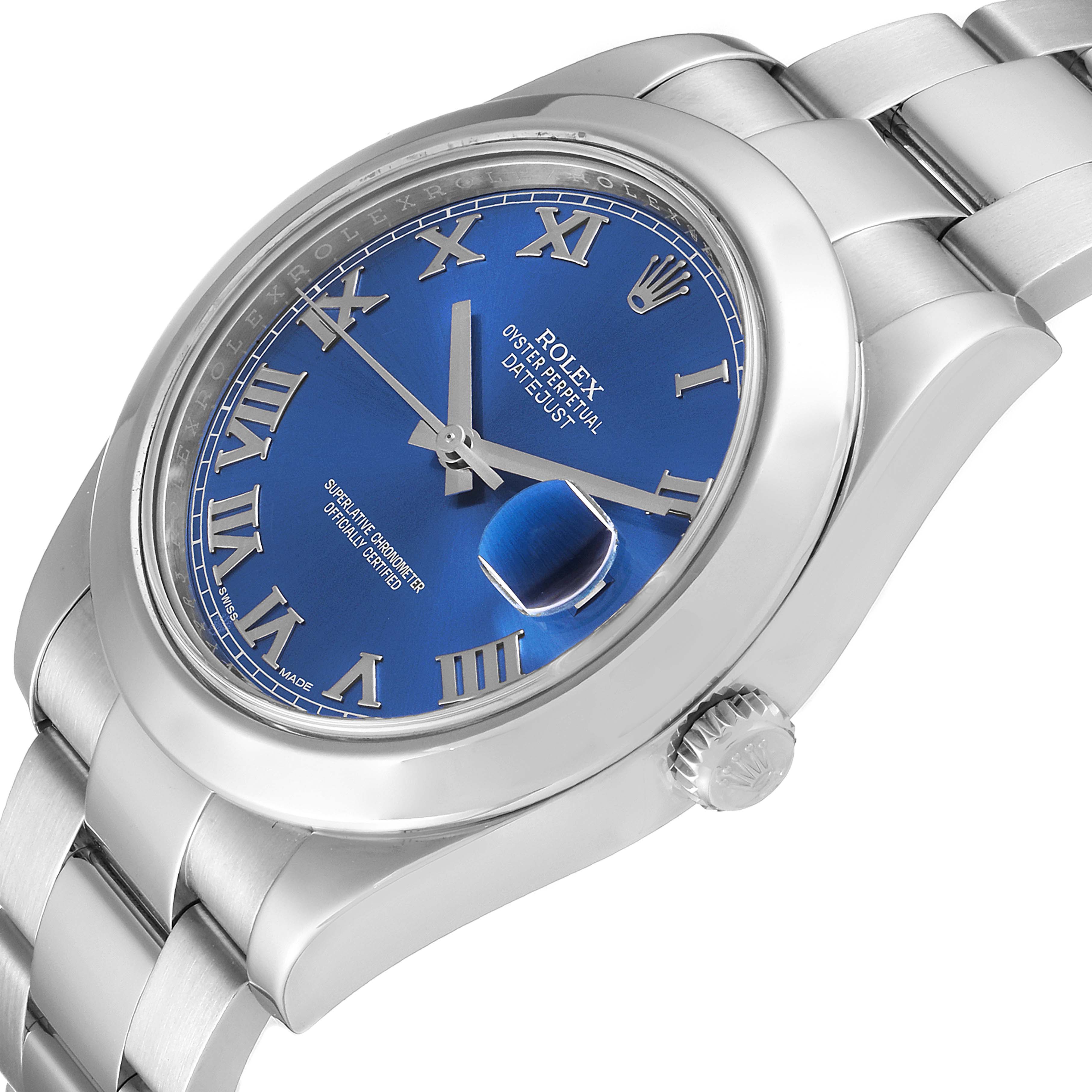 The Rolex Datejust 41 116300 Men
s Stainless Steel Blue Dial 116300 Men
s Stainless Steel Blue Dial watch is shown from an angled view highlighting the blue dial, Roman numerals, and part of the bracelet.