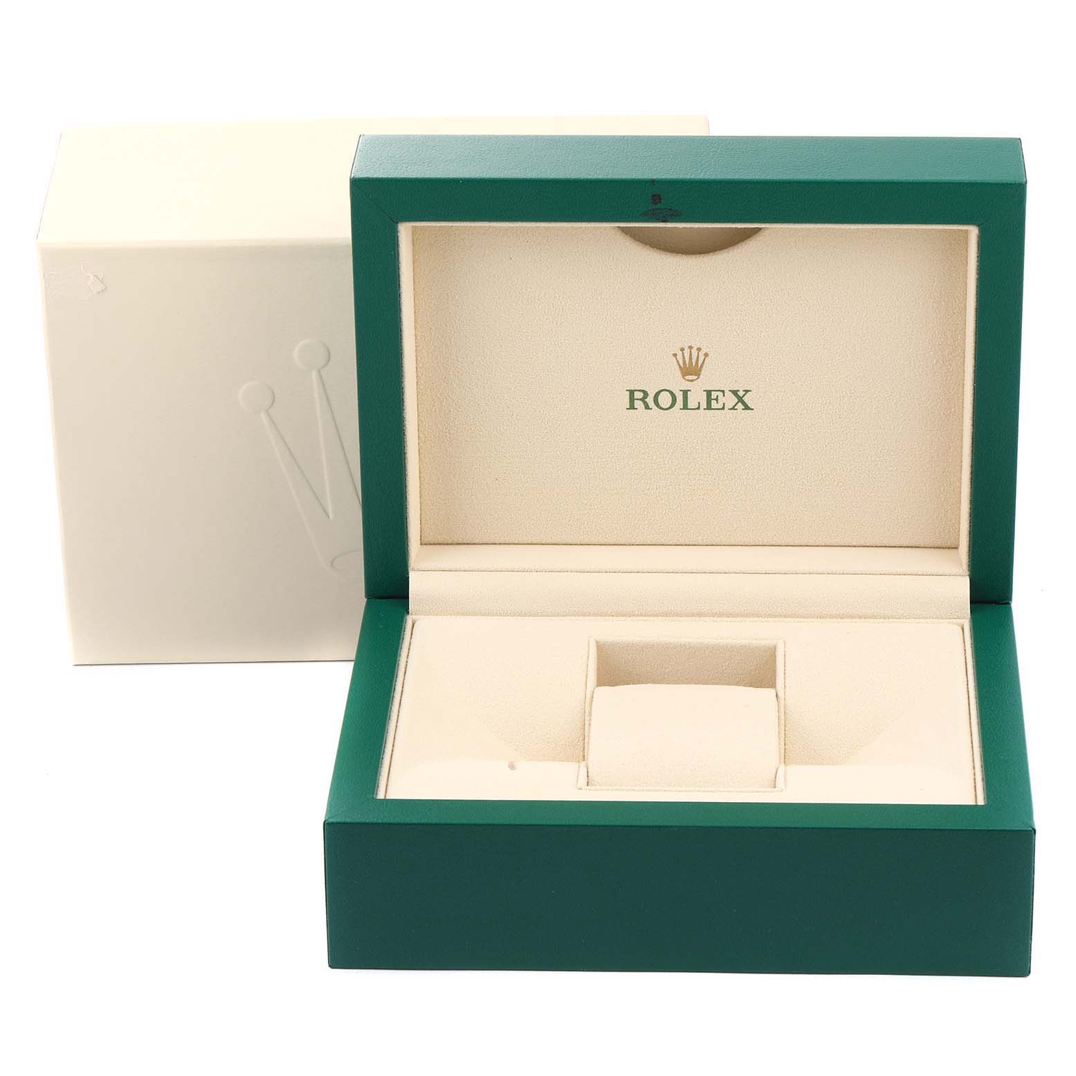 This image shows the opened box of a Rolex Datejust 41 116300 Men
s Stainless Steel Blue Dial 116300 Men
s Stainless Steel Blue Dial watch, featuring its green and beige interior.