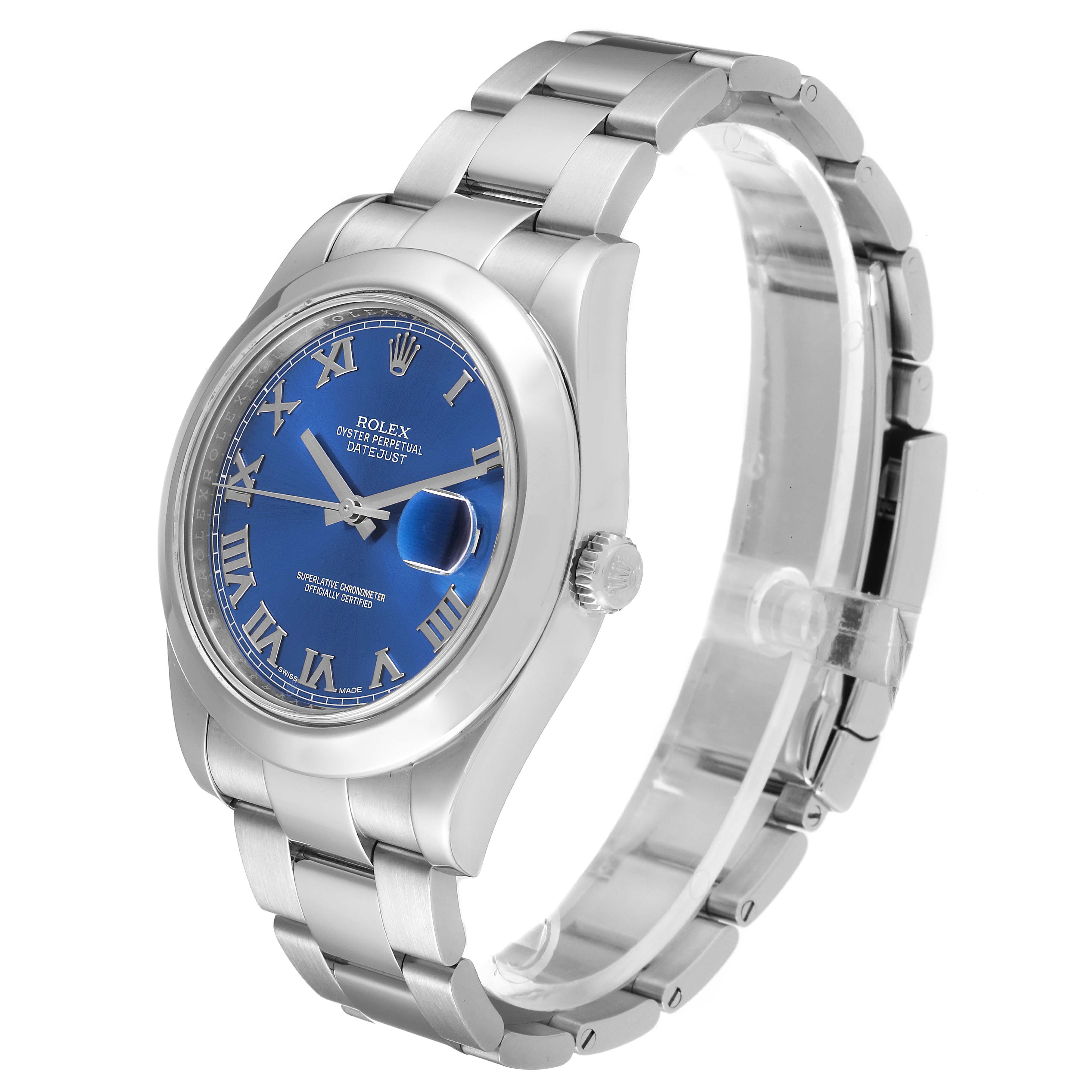 The image shows a Rolex Datejust 41 116300 Men
s Stainless Steel Blue Dial 116300 Men
s Stainless Steel Blue Dial model watch angled to display its blue dial and metal bracelet.