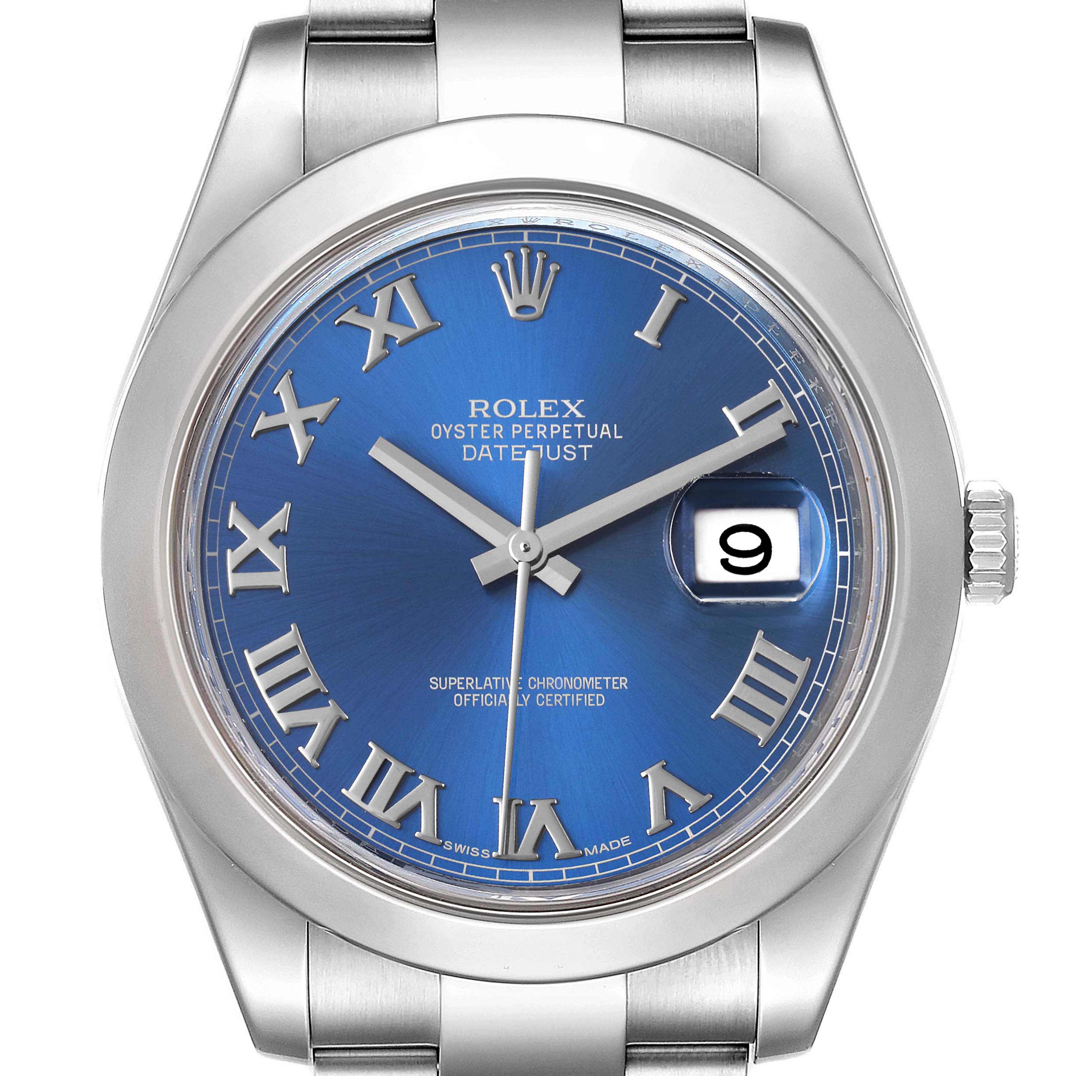 This image shows a front-facing view of the Rolex Datejust 41 116300 Men
s Stainless Steel Blue Dial 116300 Men
s Stainless Steel Blue Dial, highlighting its blue dial, Roman numerals, and date window.