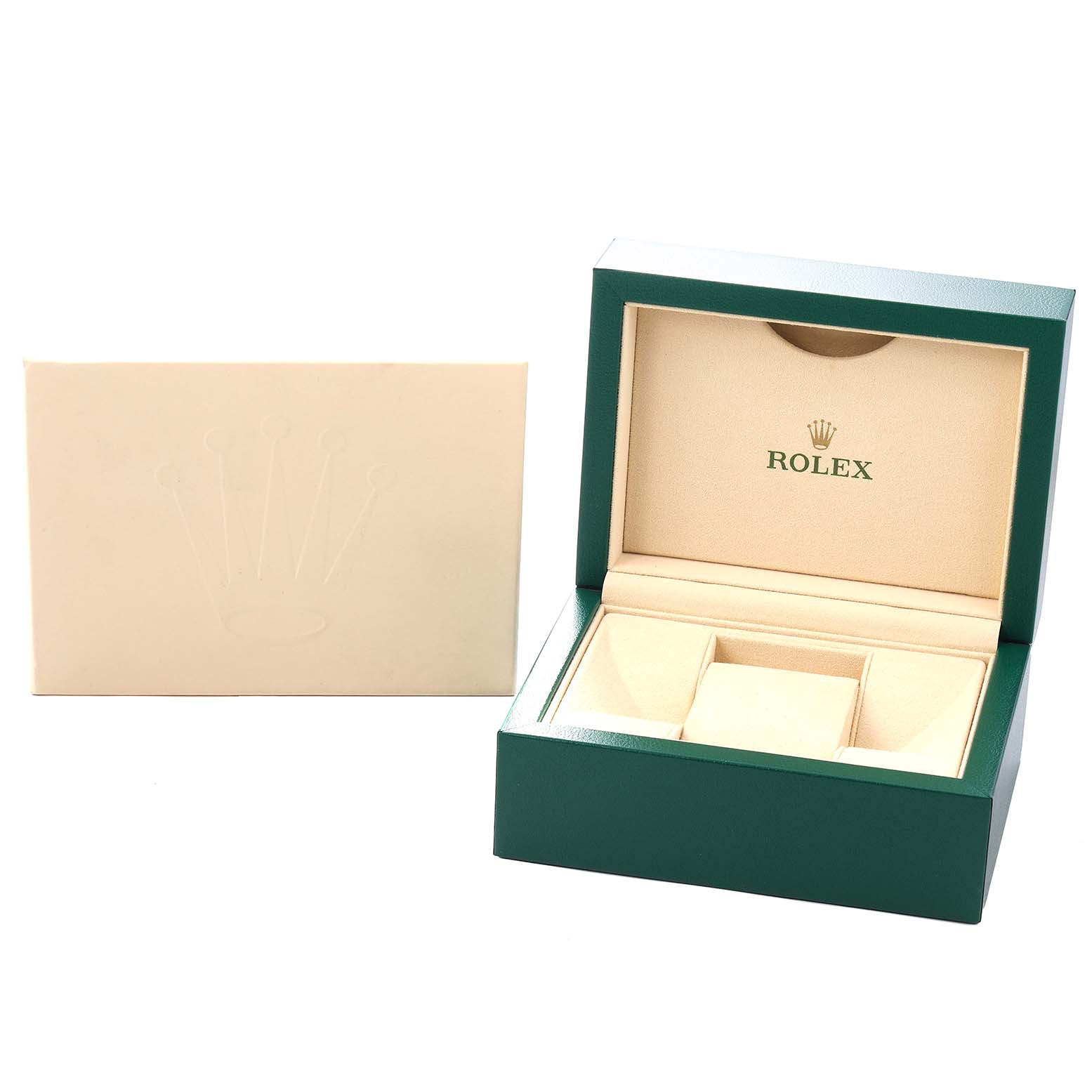 The image shows a Rolex Datejust 178240 Women
s Stainless Steel Pink Dial watch box with an open lid and a beige outer cover, highlighting the brand
s logo.