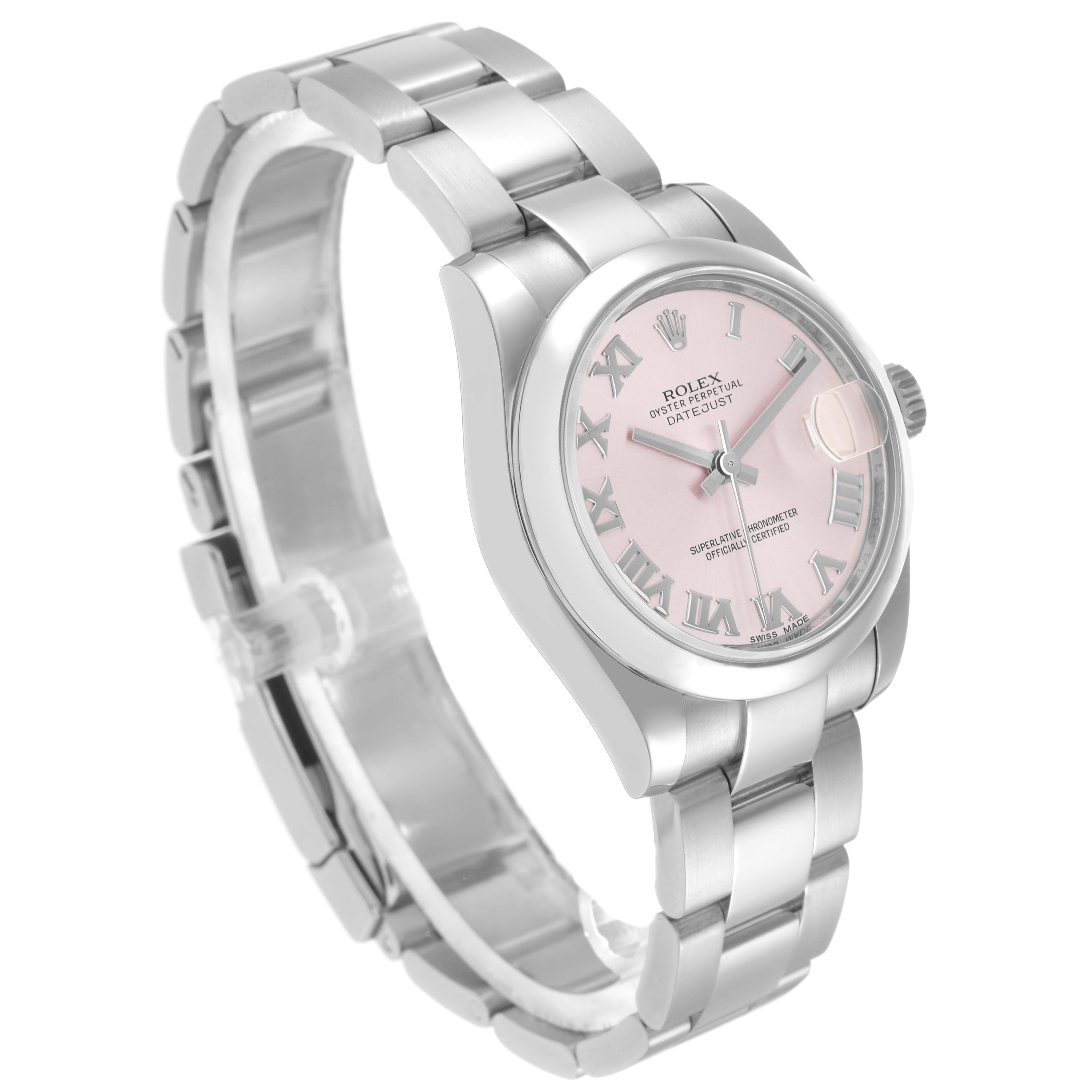 The Rolex Datejust 178240 Women
s Stainless Steel Pink Dial watch is shown at a three-quarter angle, highlighting the bracelet, case, and pink dial.