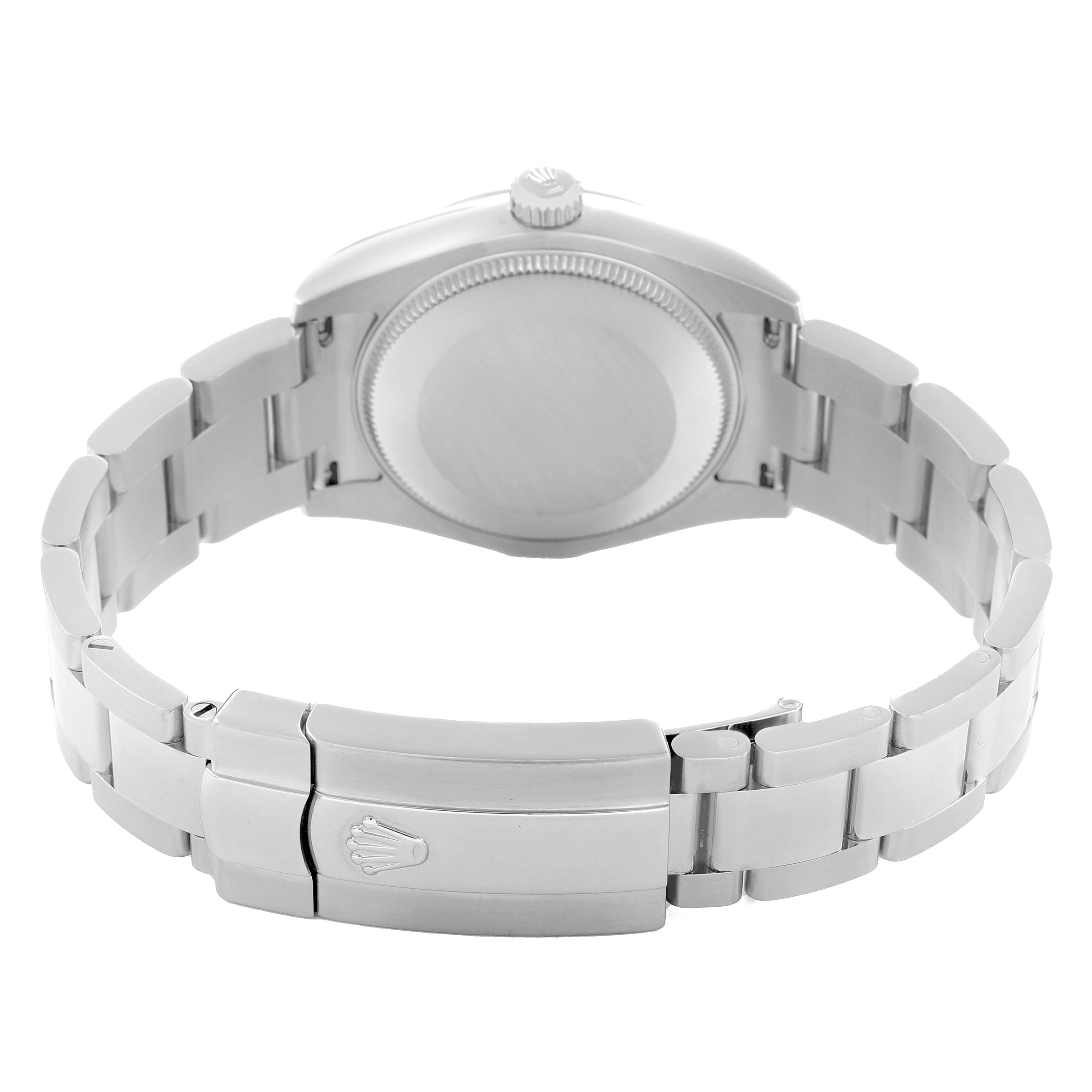 The Rolex Datejust 178240 Women
s Stainless Steel Pink Dial watch is shown from the back, featuring its case back, bracelet, and clasp.