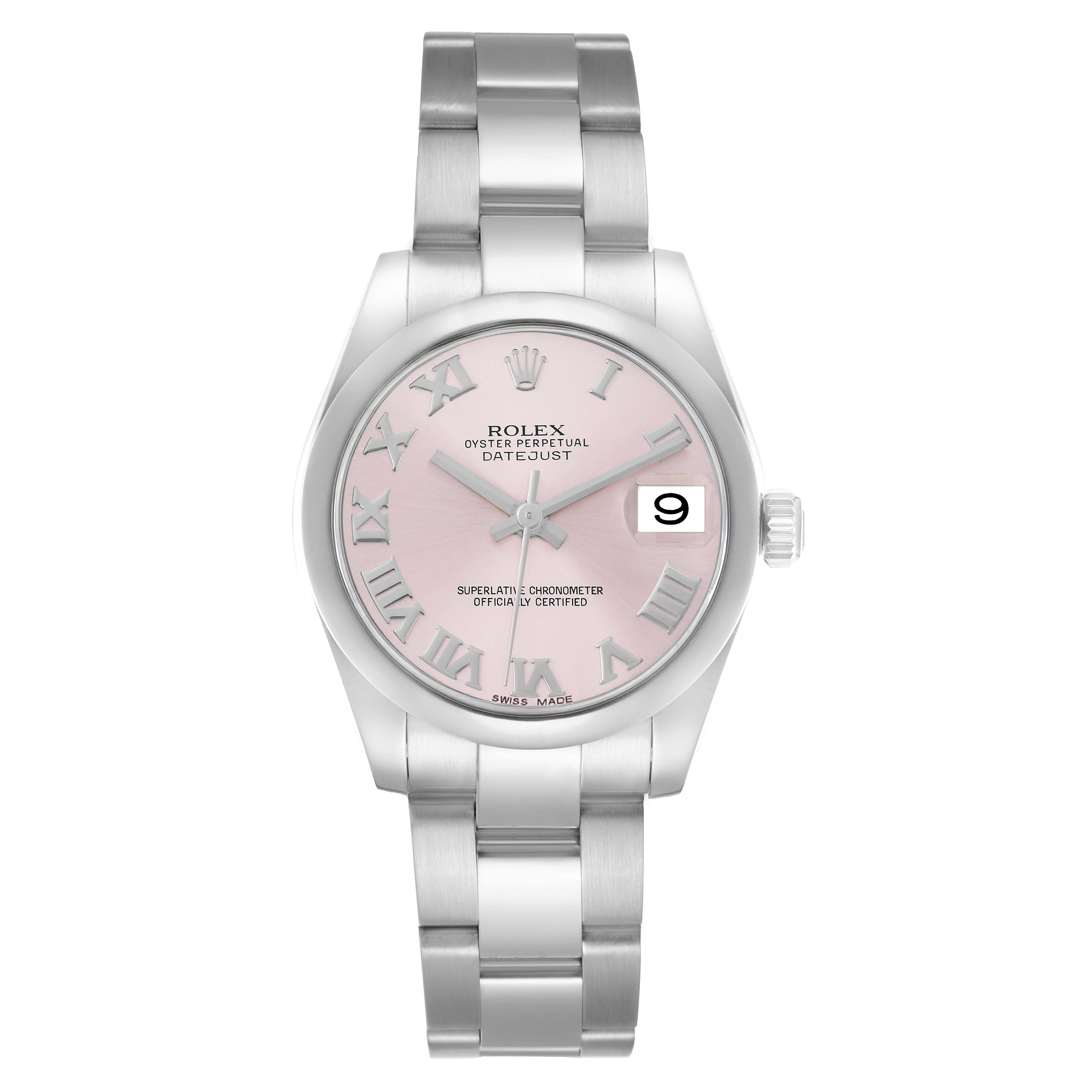 The Rolex Datejust 178240 Women
s Stainless Steel Pink Dial watch is shown from a top-down angle, displaying the face, bracelet, and date window.