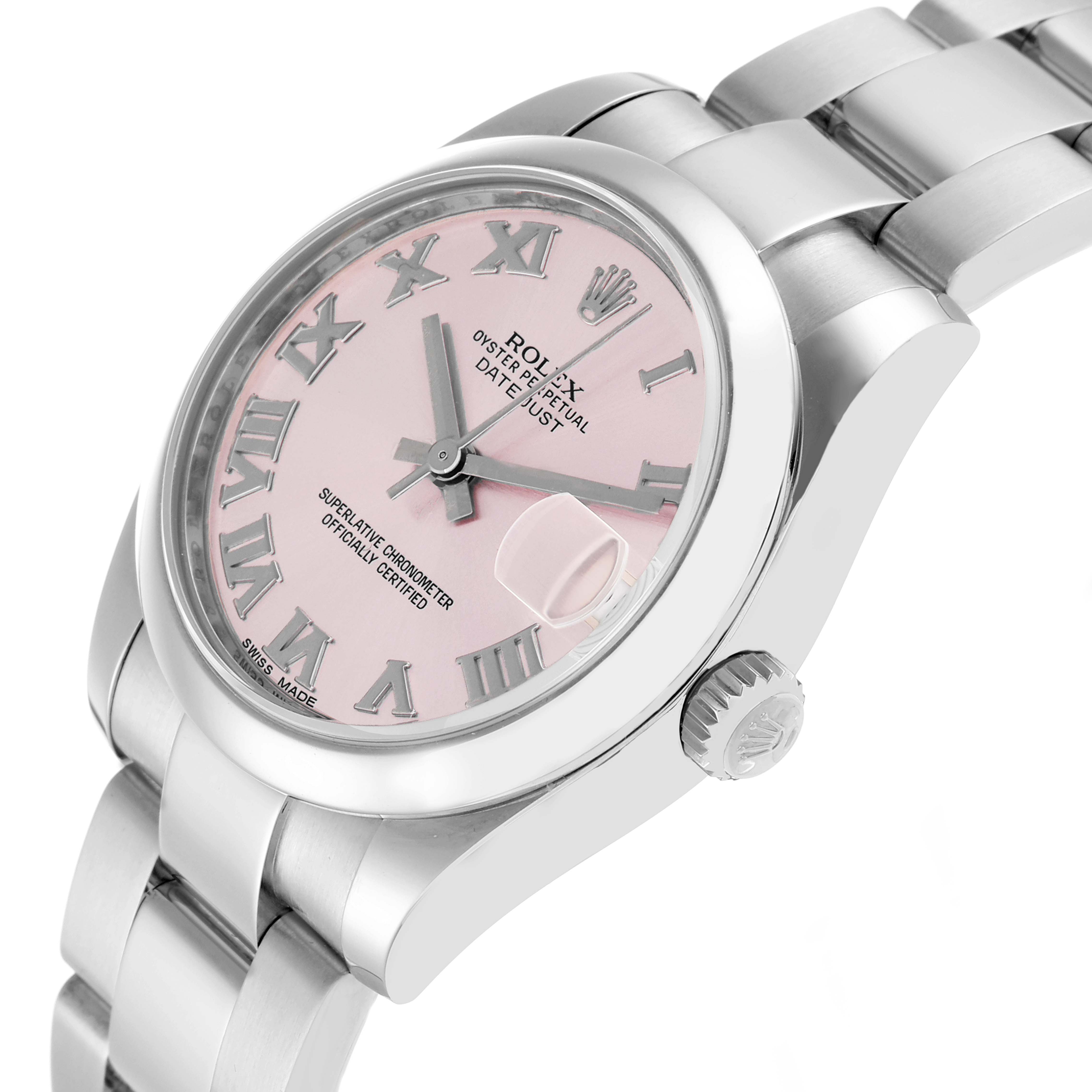 The Rolex Datejust 178240 Women
s Stainless Steel Pink Dial watch is shown at an angle highlighting the pink dial, Roman numerals, and part of the stainless steel bracelet.