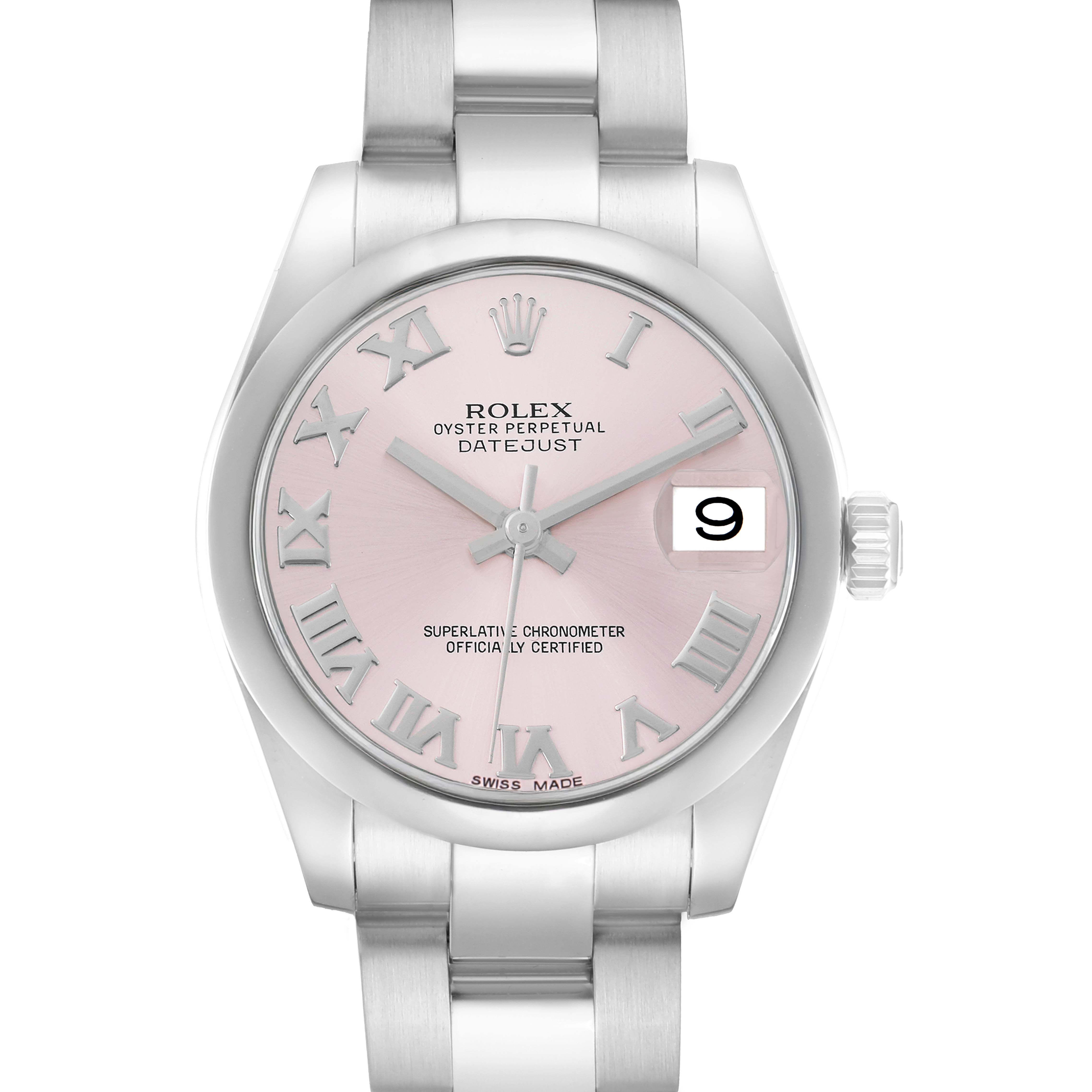 The Rolex Datejust 178240 Women
s Stainless Steel Pink Dial watch is shown from a front angle, highlighting its pink dial, Roman numerals, and date window.