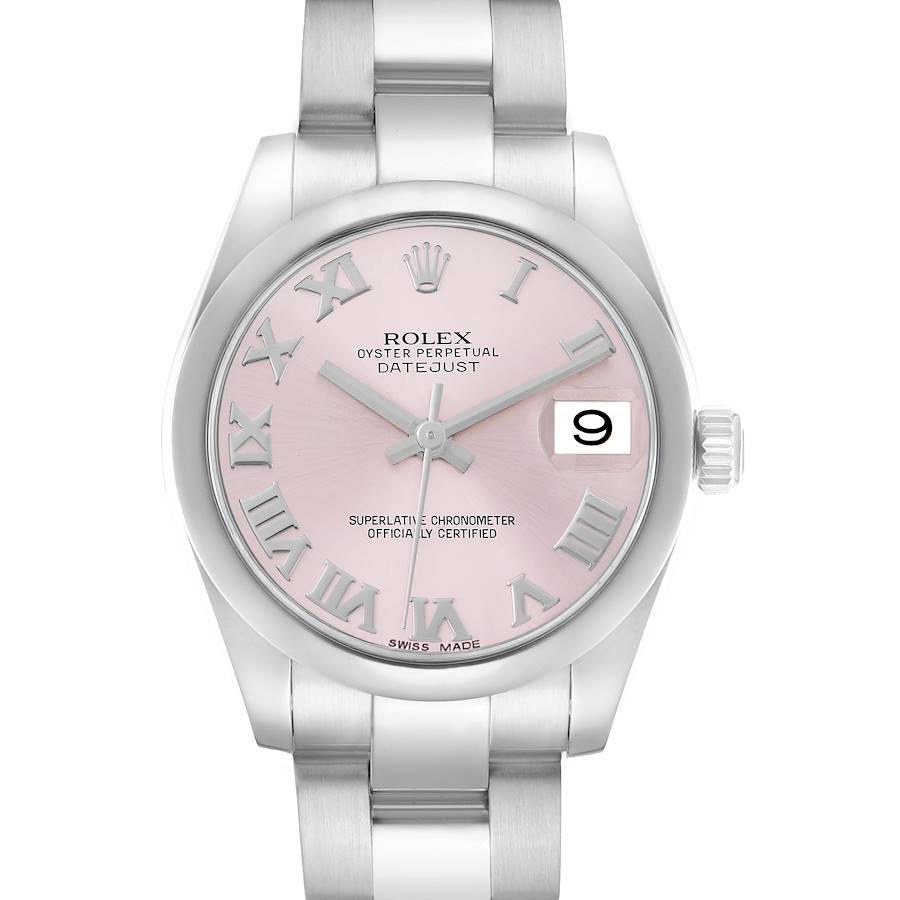 The Rolex Datejust model 178240 men
s watch is shown from the front, featuring a pink dial with Roman numerals and a date window.