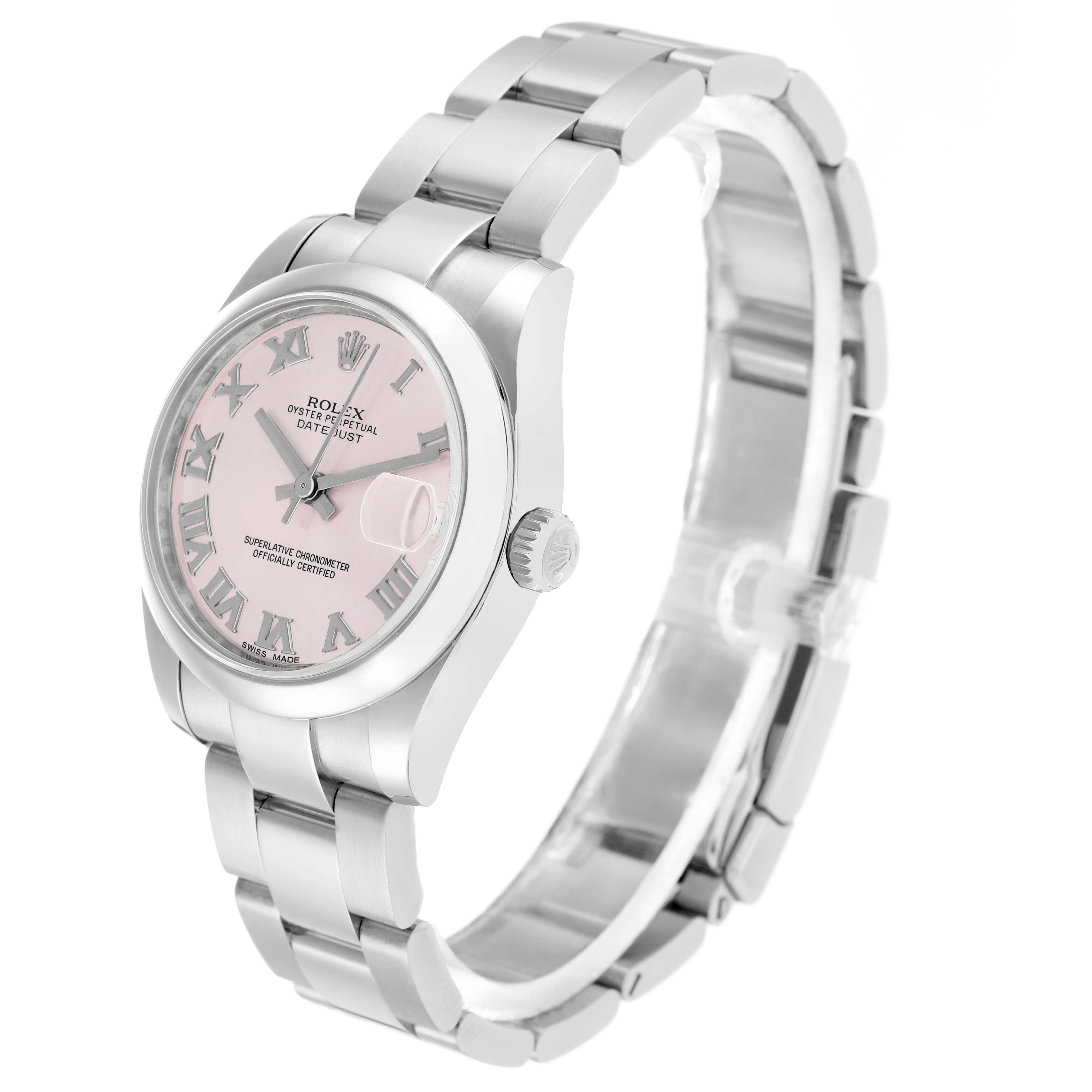 The image shows a side and top view of a Rolex Datejust 178240 Women
s Stainless Steel Pink Dial watch, highlighting the bracelet, case, and pink dial with Roman numerals.