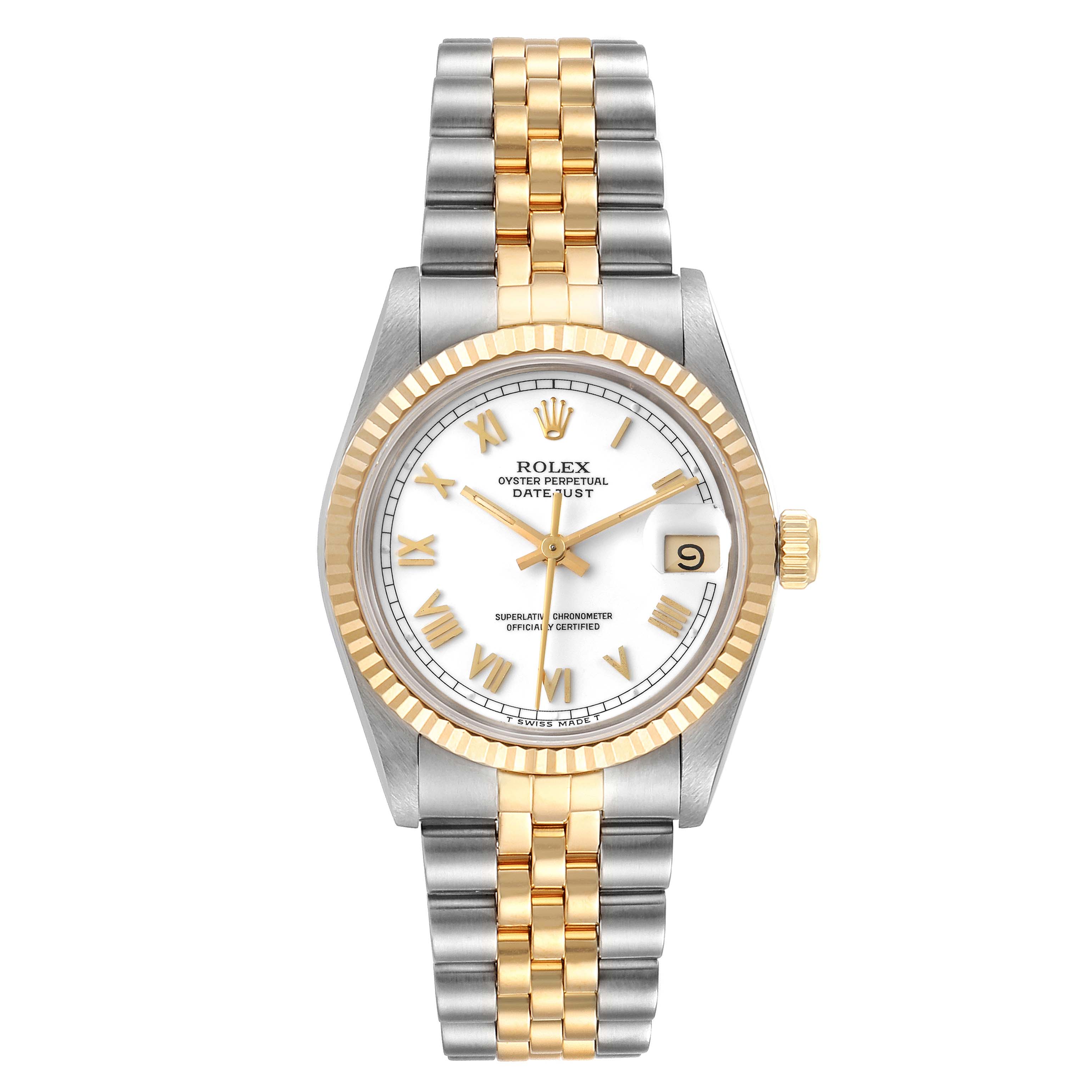 The Rolex Mid-Size 68273 Women
s Steel and Gold (two tone) White Dial 68273 Women
s Steel and Gold (two tone) White Dial Datejust watch is shown from the front, displaying the face, bezel, and two-tone bracelet.